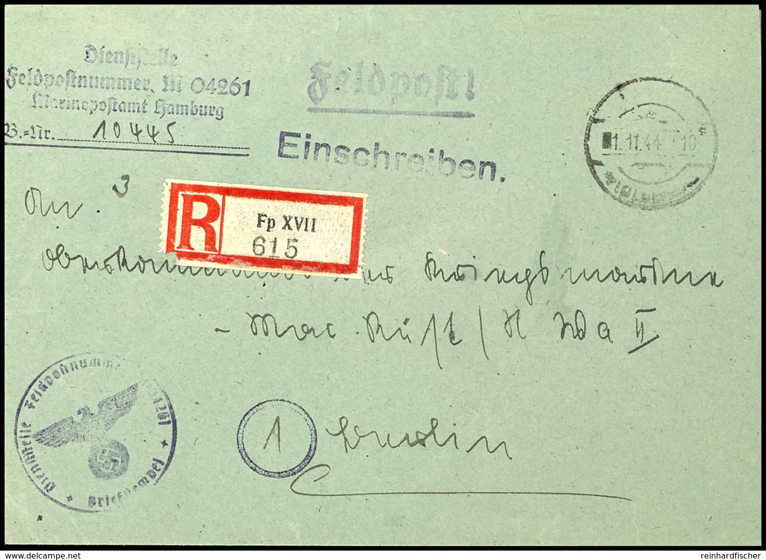 4778 1944, Kriegsmarine, Feldpost-R-Brief An Das Oberkommando Der Kriegsmarine In Berlin Mit Stummen Aufgabe-Stpl. Vom 1 - Sonstige & Ohne Zuordnung