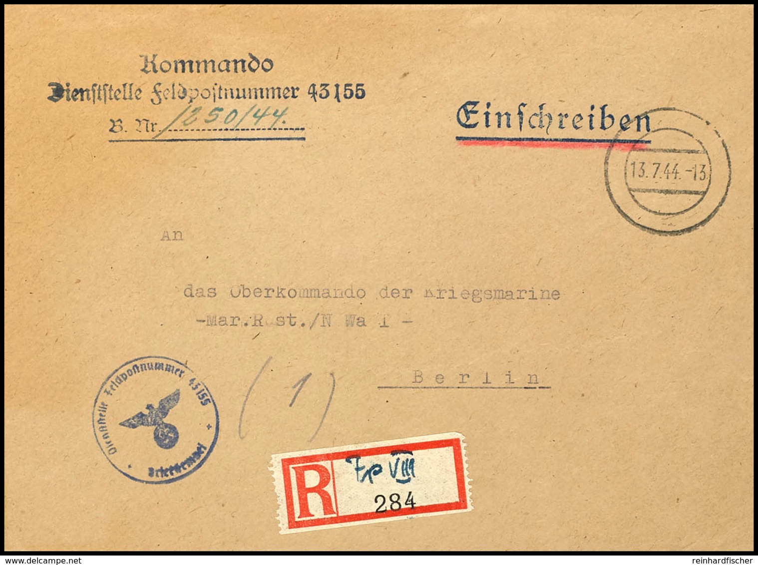 4781 1944, Kriegsmarine, Feldpost-R-Brief An Das Oberkommando Der Kriegsmarine In Berlin Mit Stummen Aufgabe-Stpl. Vom 1 - Other & Unclassified