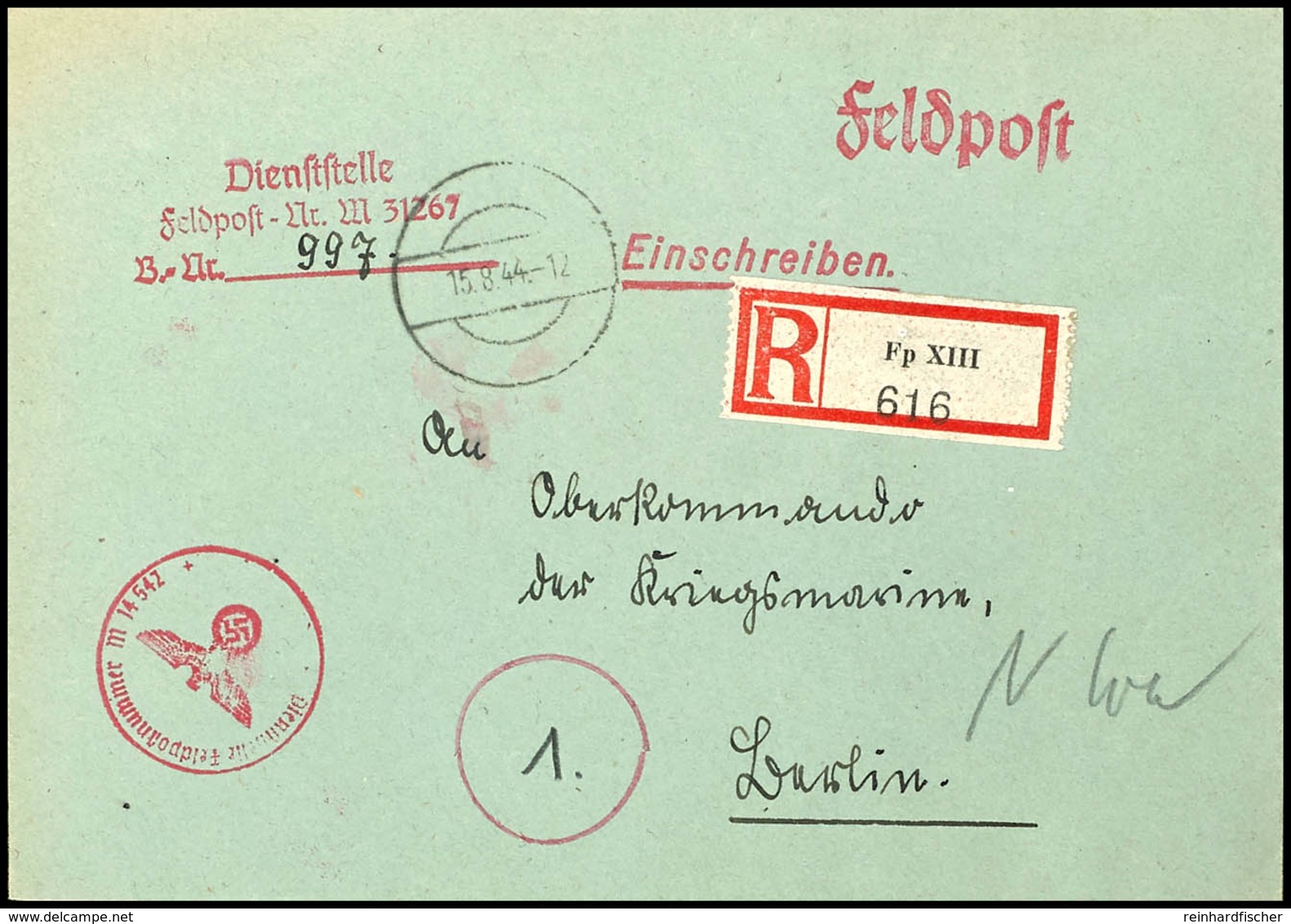 4782 1944, Kriegsmarine, Feldpost-R-Brief An Das Oberkommando Der Kriegsmarine In Berlin Mit Stummen Aufgabe-Stpl. Vom 1 - Sonstige & Ohne Zuordnung