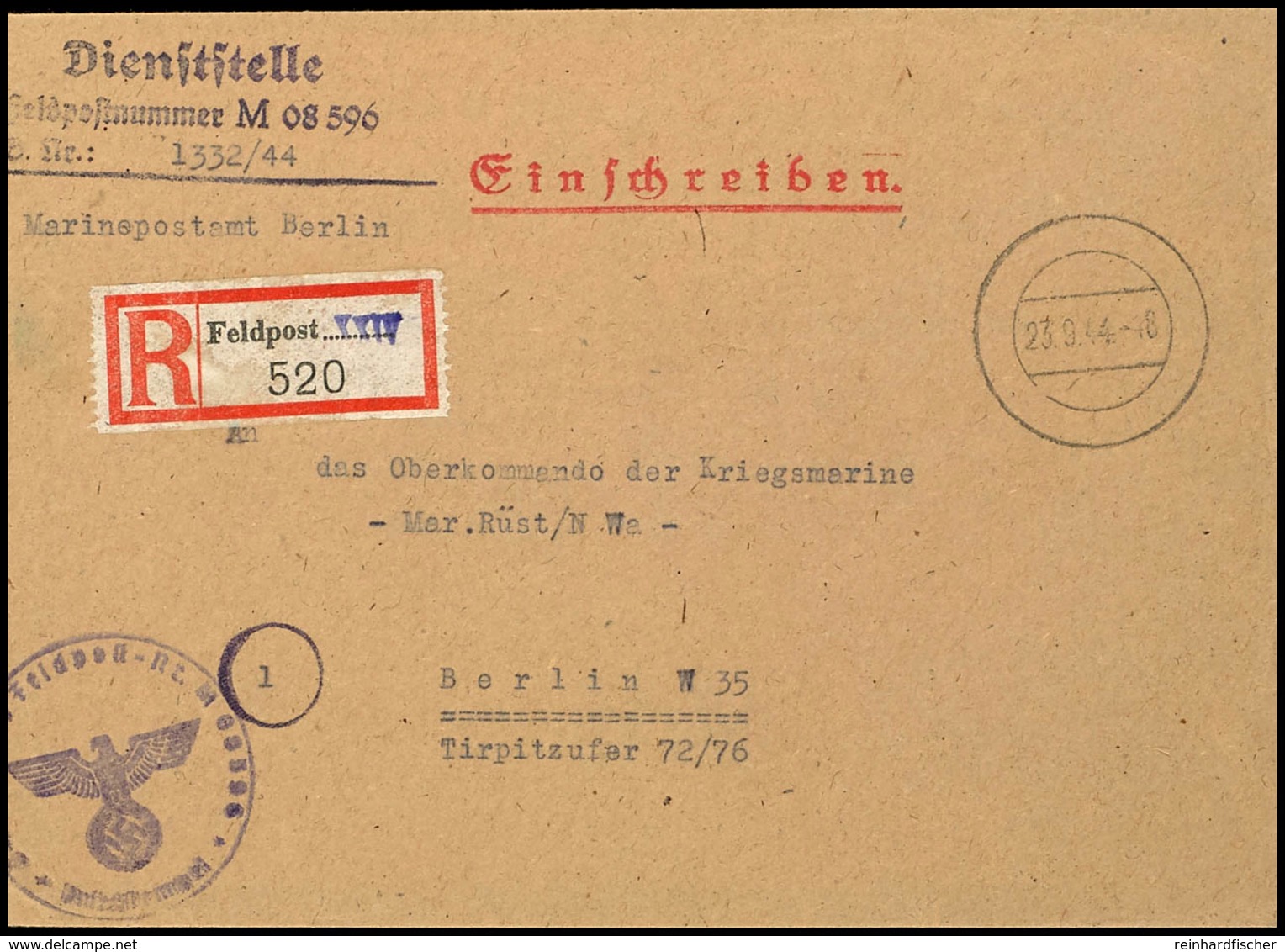 4785 1944, Kriegsmarine, Feldpost-R-Brief An Das Oberkommando Der Kriegsmarine In Berlin Mit Stummen Aufgabe-Stpl. Vom 2 - Sonstige & Ohne Zuordnung