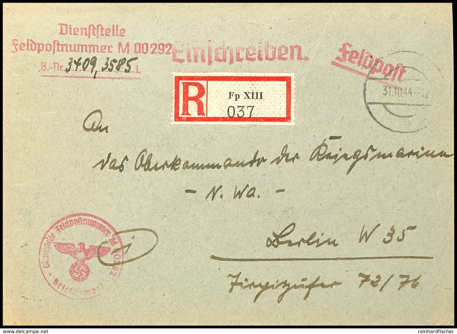 4788 1944, Kriegsmarine, Feldpost-R-Brief An Das Oberkommando Der Kriegsmarine In Berlin Mit Stummen Aufgabe-Stpl. Vom 3 - Other & Unclassified