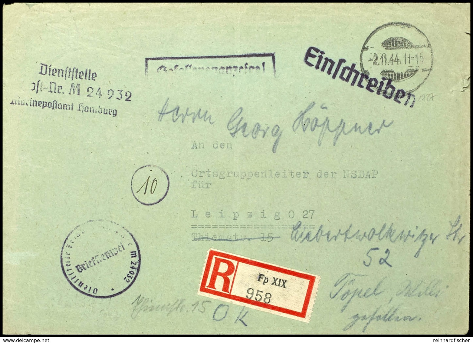 4791 1944, Kriegsmarine, Feldpost-R-Brief An Den Ortsgruppenleiter Der NSDAP Für Leipzig Mit Stummen Aufgabe-Stpl. Vom 2 - Other & Unclassified