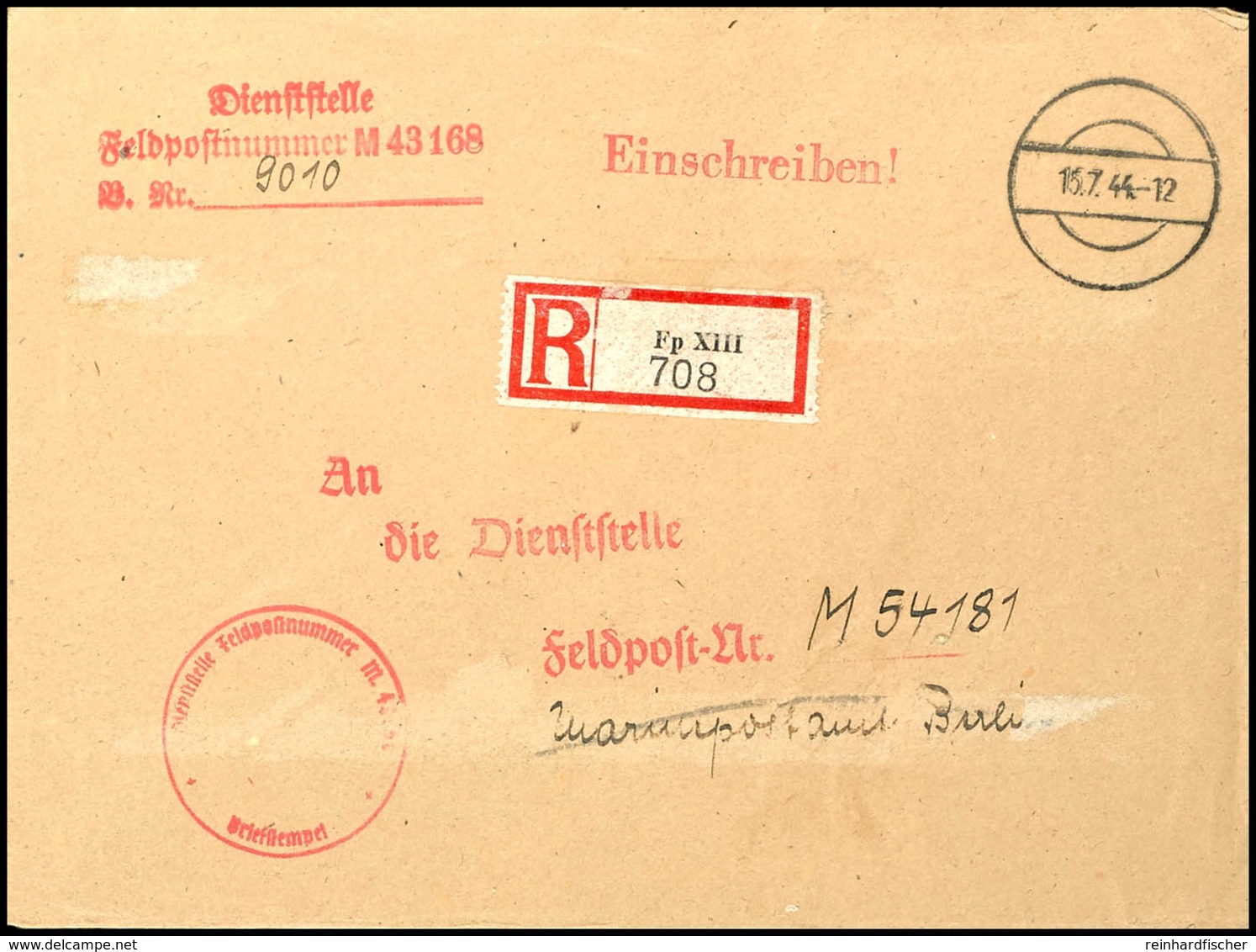 4792 1944, Kriegsmarine, Feldpost-R-Brief An Die Dienststelle Feldpost-Nr. M 54181 (= Kommando 20. U-Boots-Flottille) Mi - Other & Unclassified