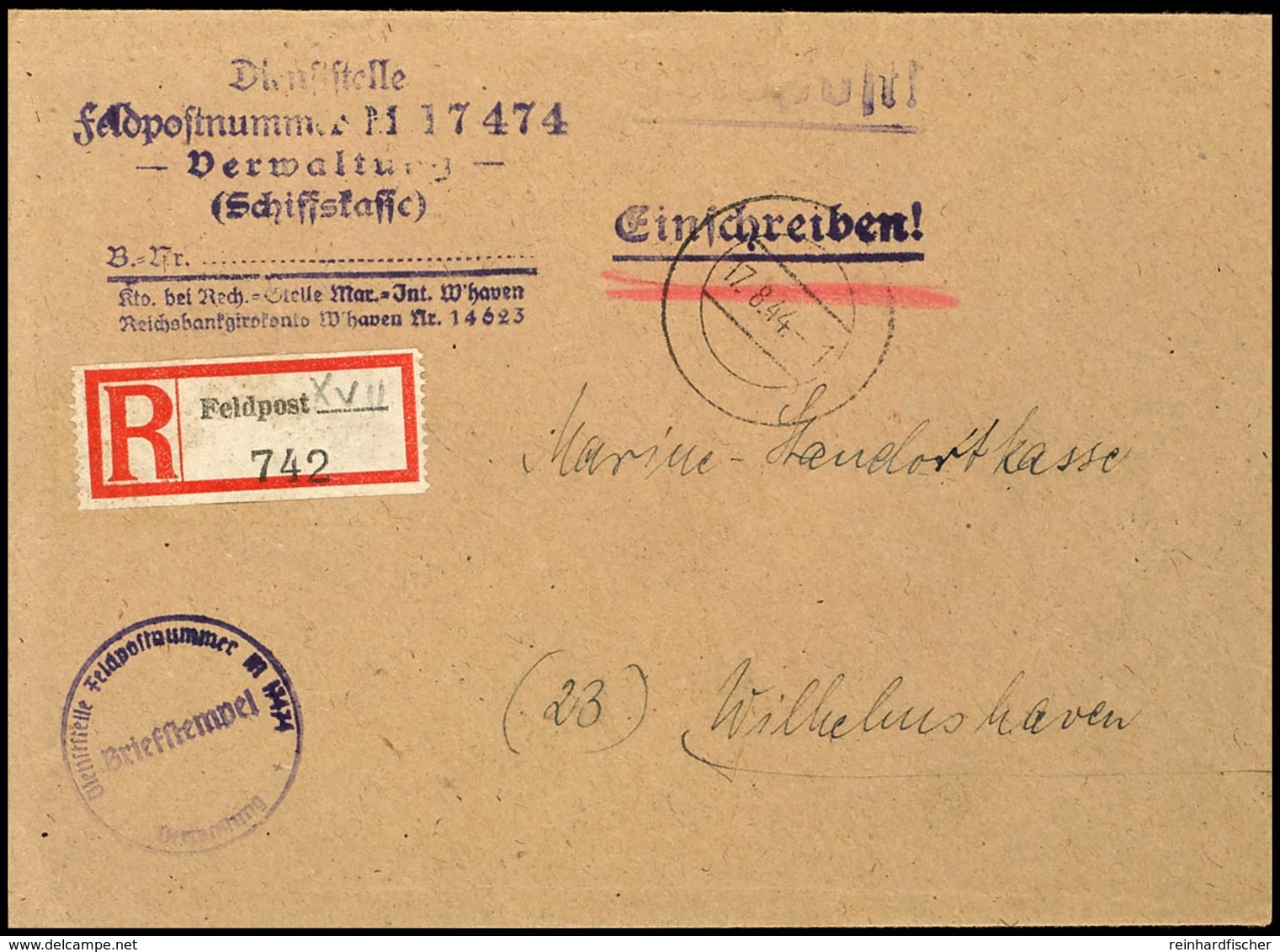 4793 1944, Kriegsmarine, Feldpost-R-Brief An Die Marine-Standortkasse In Wilhelmshaven Mit Stummen Aufgabe-Stpl. Vom 17. - Other & Unclassified