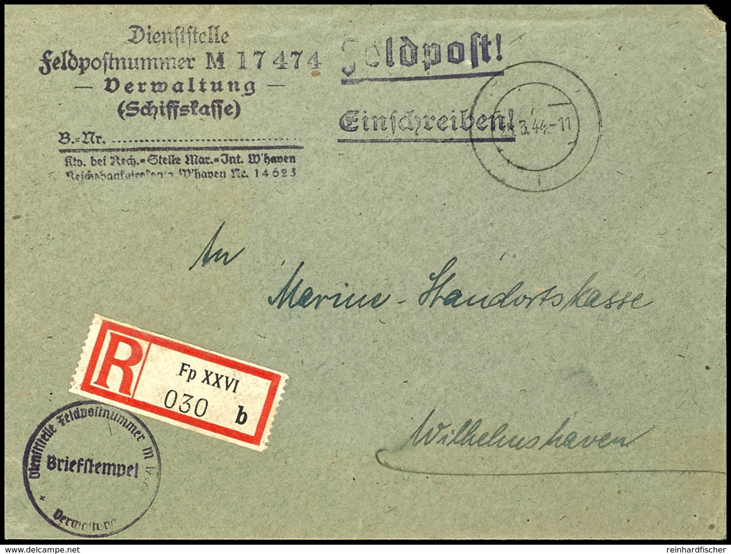 4794 1944, Kriegsmarine, Feldpost-R-Brief An Die Marine-Standortkasse In Wilhelmshaven Mit Stummen Aufgabe-Stpl. Vom 25. - Sonstige & Ohne Zuordnung