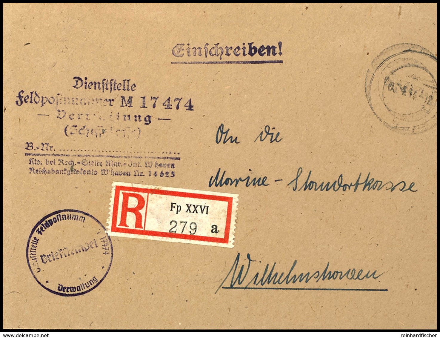 4795 1944, Kriegsmarine, Feldpost-R-Brief An Die Marine-Standortkasse In Wilhelmshaven Mit Stummen Aufgabe-Stpl. Vom 3.4 - Sonstige & Ohne Zuordnung