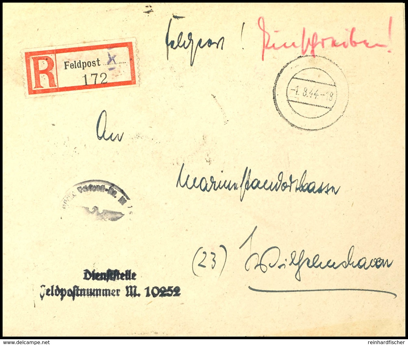 4796 1944, Kriegsmarine, Feldpost-R-Brief An Die Marinestandortkasse In Wilhelmshaven Mit Stummen Aufgabe-Stpl. Vom 1.8. - Sonstige & Ohne Zuordnung