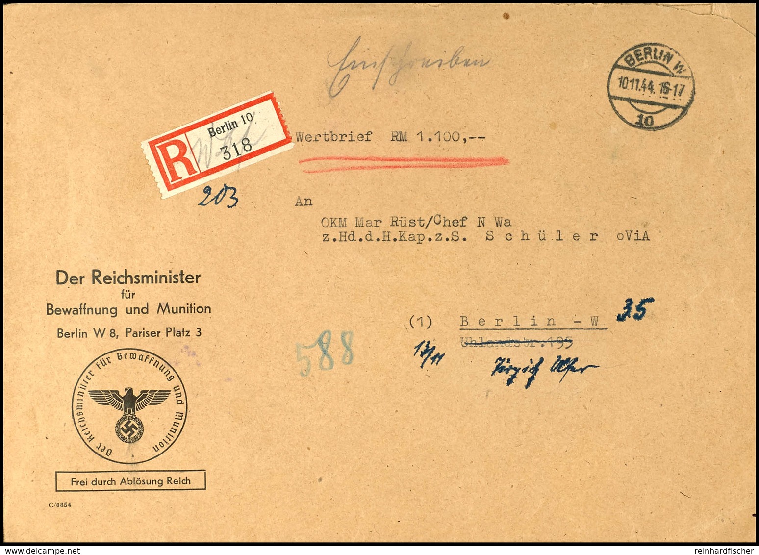 4797 1944, Kriegsmarine, Feldpost-Wert-Brief (DIN A5-Format) über RM 1.100,00 An Das Oberkommando Der Kriegsmarine Mar R - Other & Unclassified