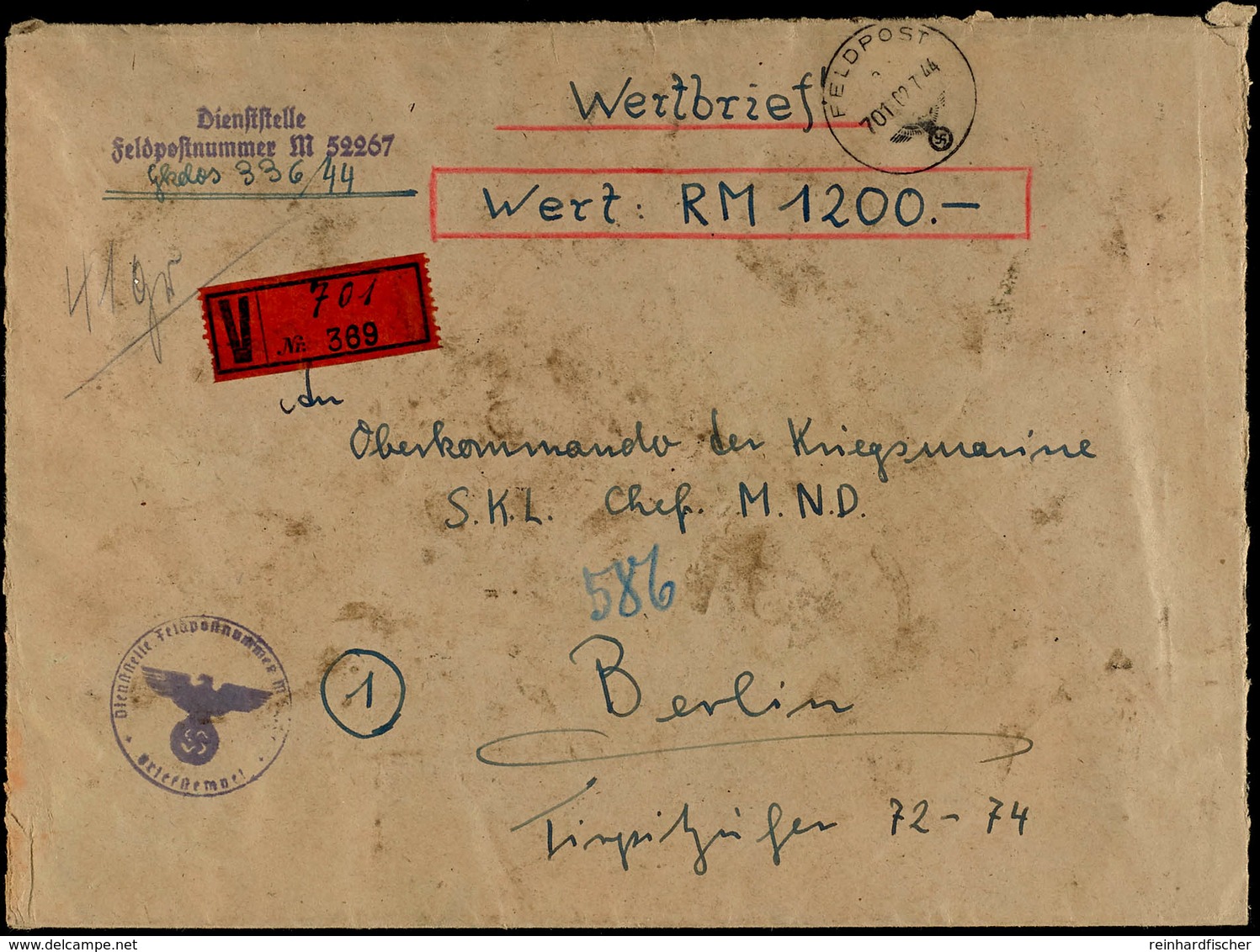4799 1944, Kriegsmarine, Feldpost-Wert-Brief Im Format 22,8 X 16,7 Cm Nach Berlin Mit Norm-Stpl. Vom 02.07.44 Und 5 Lack - Sonstige & Ohne Zuordnung