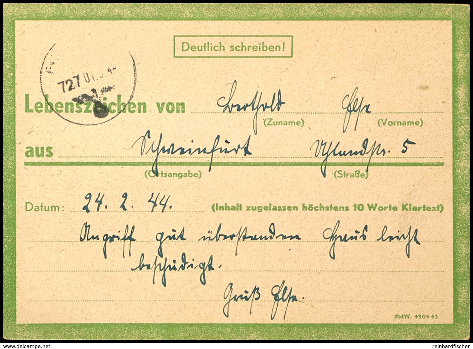 4807 1944, Grüne Eilnachrichtenkarte Mit DV "Std.W. 4304.43" An Die Feldpostnummer "42964" Mit Hds. Kennnummer "727" Und - Sonstige & Ohne Zuordnung