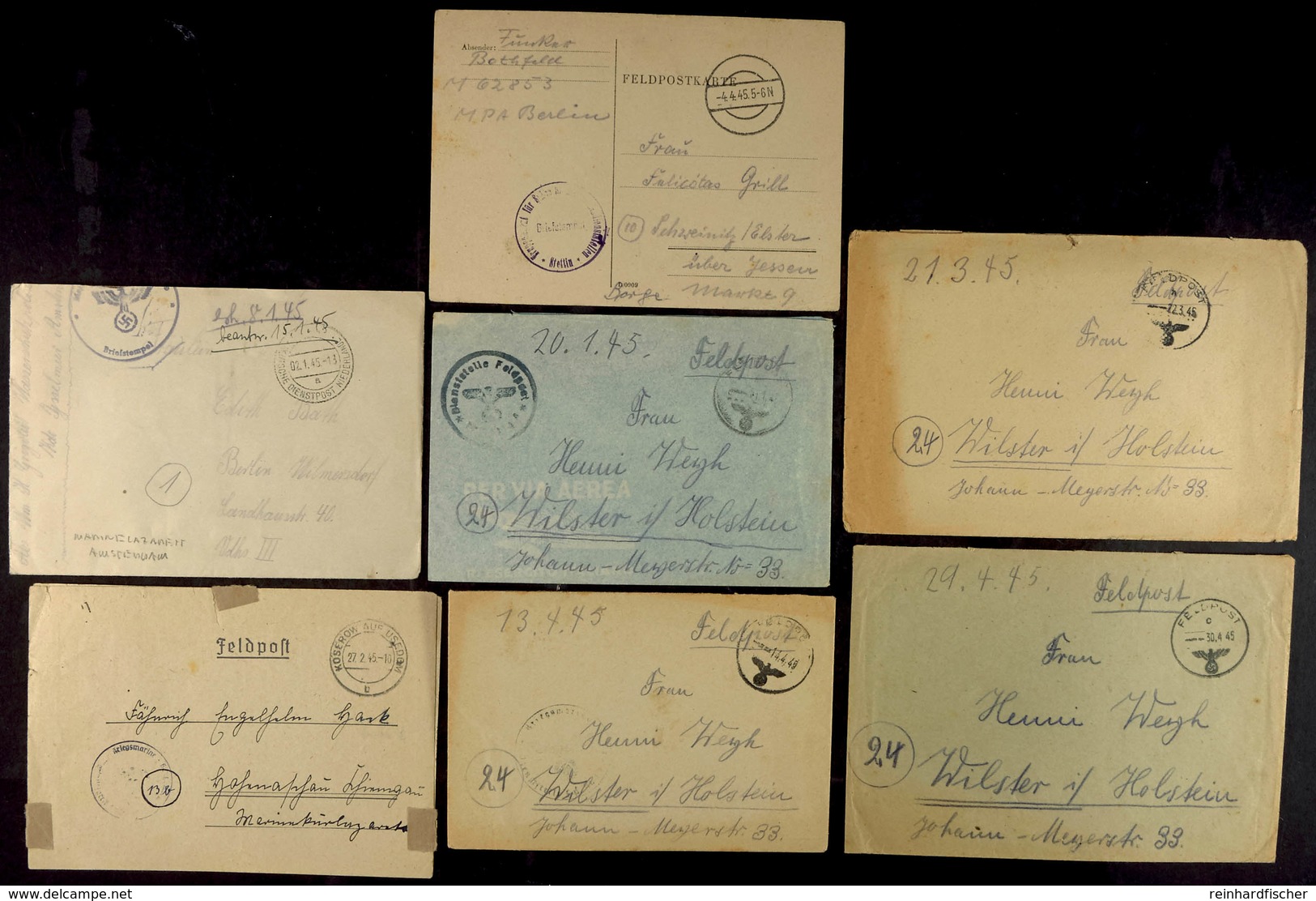 4814 1945, Kriegsmarine, 6 Feldpost-Briefe Und Eine Feldpost-Karte Aus Der Zeit Vom 2.1.45 Bis 30.4.45, Erhaltung Unters - Sonstige & Ohne Zuordnung