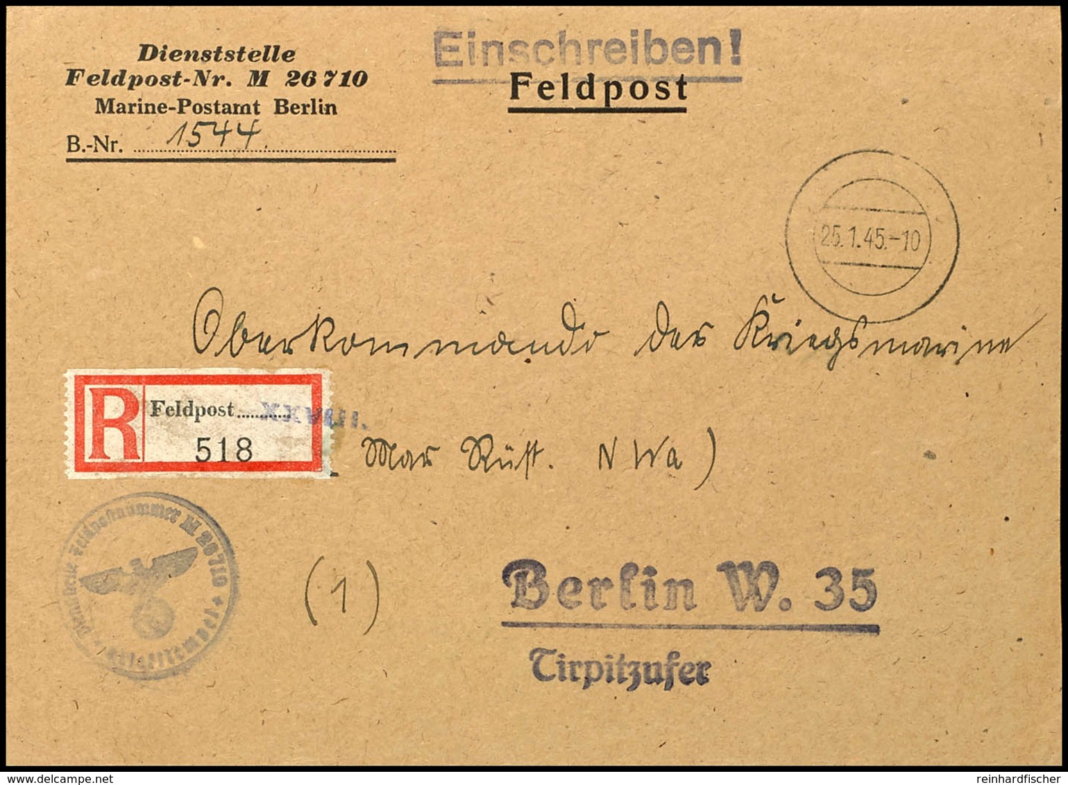 4819 1945, Kriegsmarine, Feldpost-R-Brief (Vordruckumschlag) Von Der Dienststelle Feldpost-Nr. M 26710 Marine-Postamt Be - Sonstige & Ohne Zuordnung