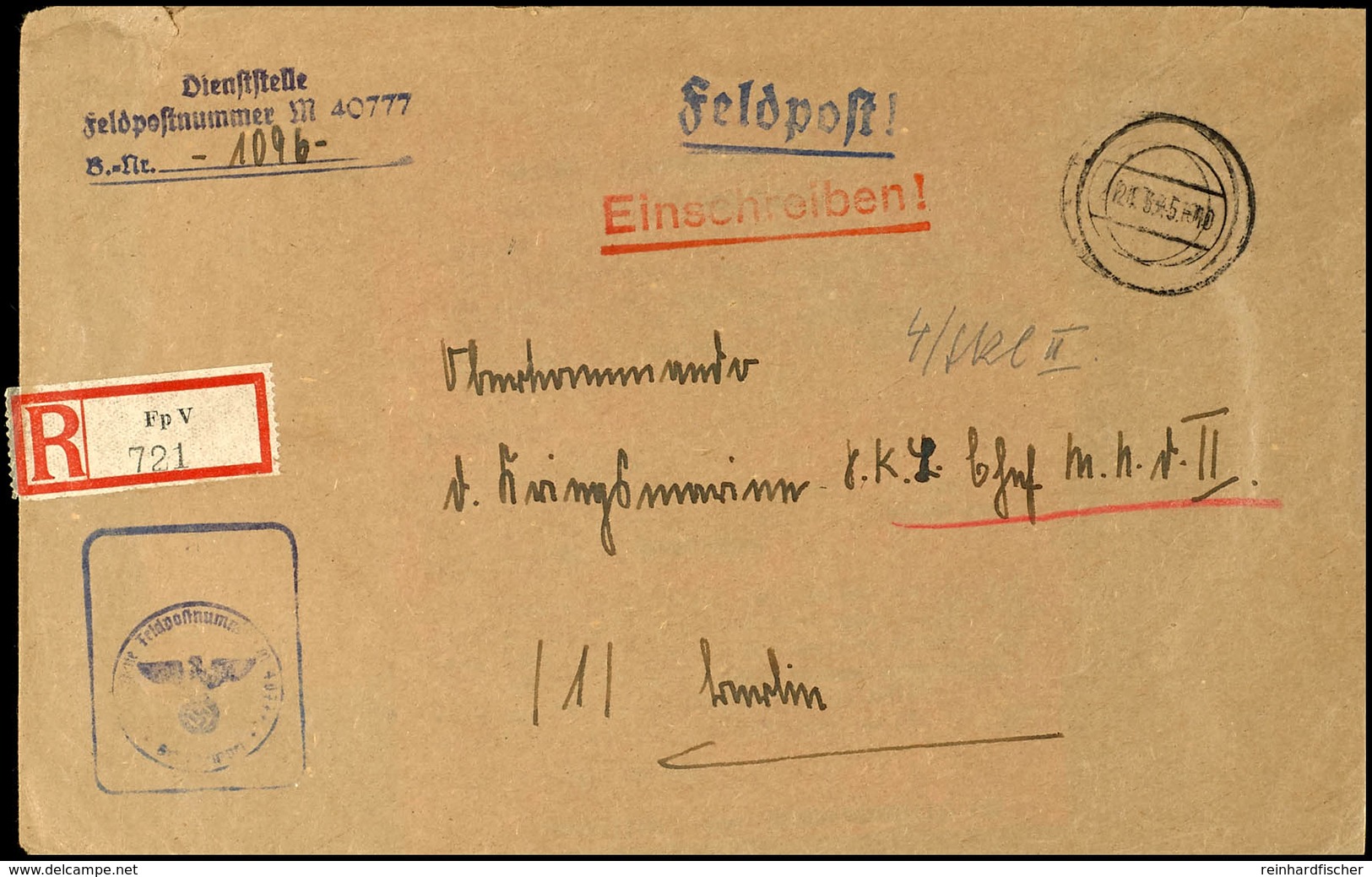 4820 1945, Kriegsmarine, Feldpost-R-Brief An Das Oberkommando Der Kriegsmarine In Berlin Mit Stummen Aufgabe-Stpl. Vom 2 - Sonstige & Ohne Zuordnung