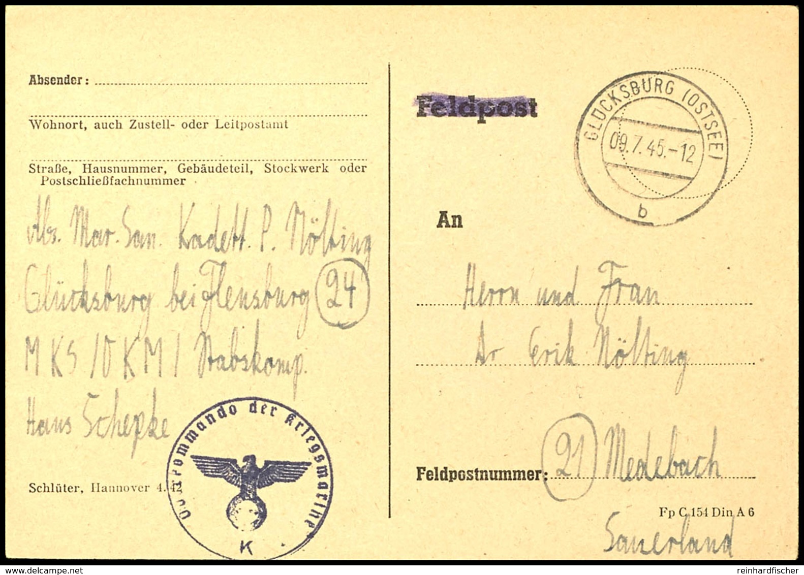 4823 1945, Kriegsmarine, Karte Eines Marine-Kadetten In Der Stabs-Kp. MKS / OKM Mit Aufgabe-Stpl. GLÜCKSBURG (OSTSEE) Vo - Sonstige & Ohne Zuordnung