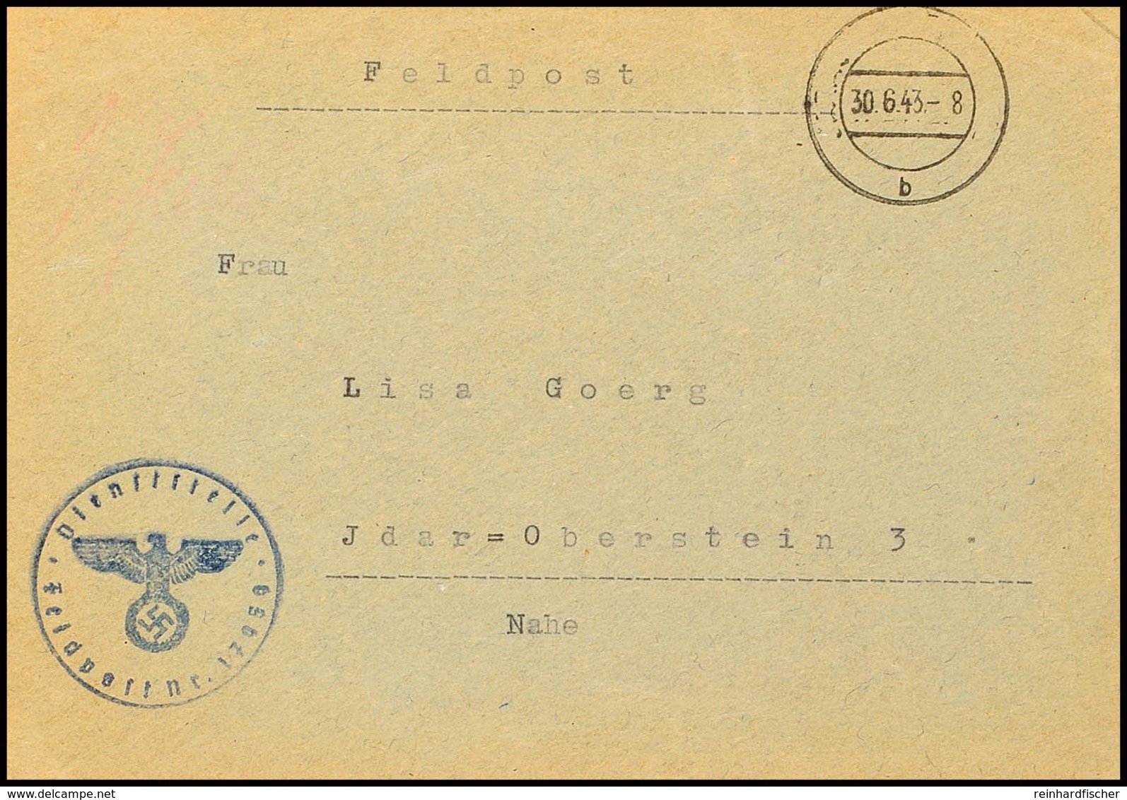 4826 UDSSR: 1943, Feldpost-Brief Mit Aptiertem Tagesstempel Vom 30.6 Nach Idar-Oberstein, Briefstempel Und Absender Mit  - Sonstige & Ohne Zuordnung