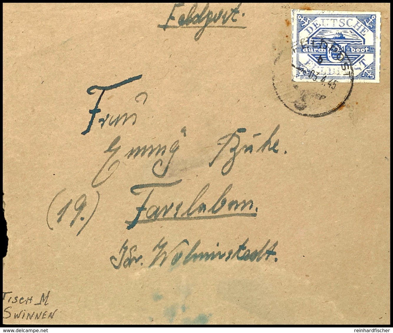 4855 U-Boot Hela, Zulassungsmarke Auf Feldpost-Brief Mit Normstempel "b 03.4.45" Und Absender-Feldpostnummer "M 18305" N - Other & Unclassified