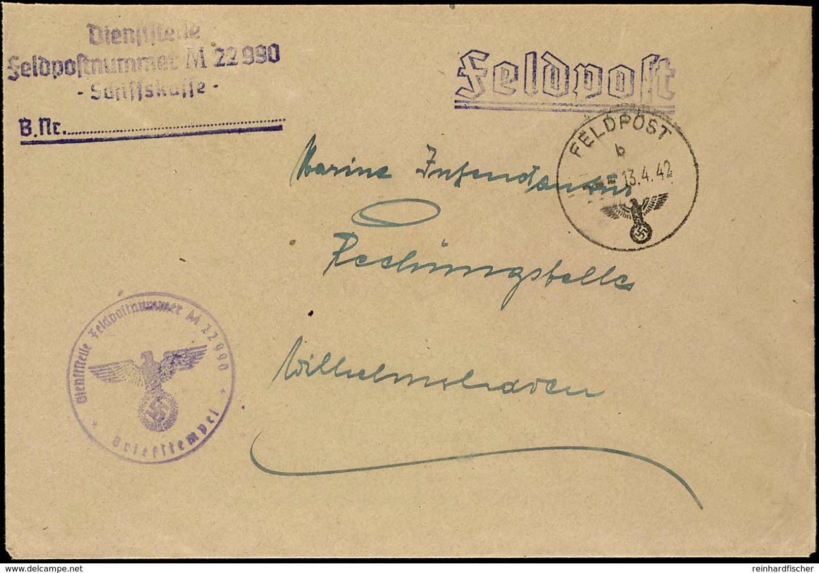 4861 1942, Kriegsmarine, Dienst-Feldpost-Brief Mit Norm-Stpl. Vom 13.04.42 Nach Wilhelmshaven Sowie Mit Dienst- Und Brie - Andere & Zonder Classificatie