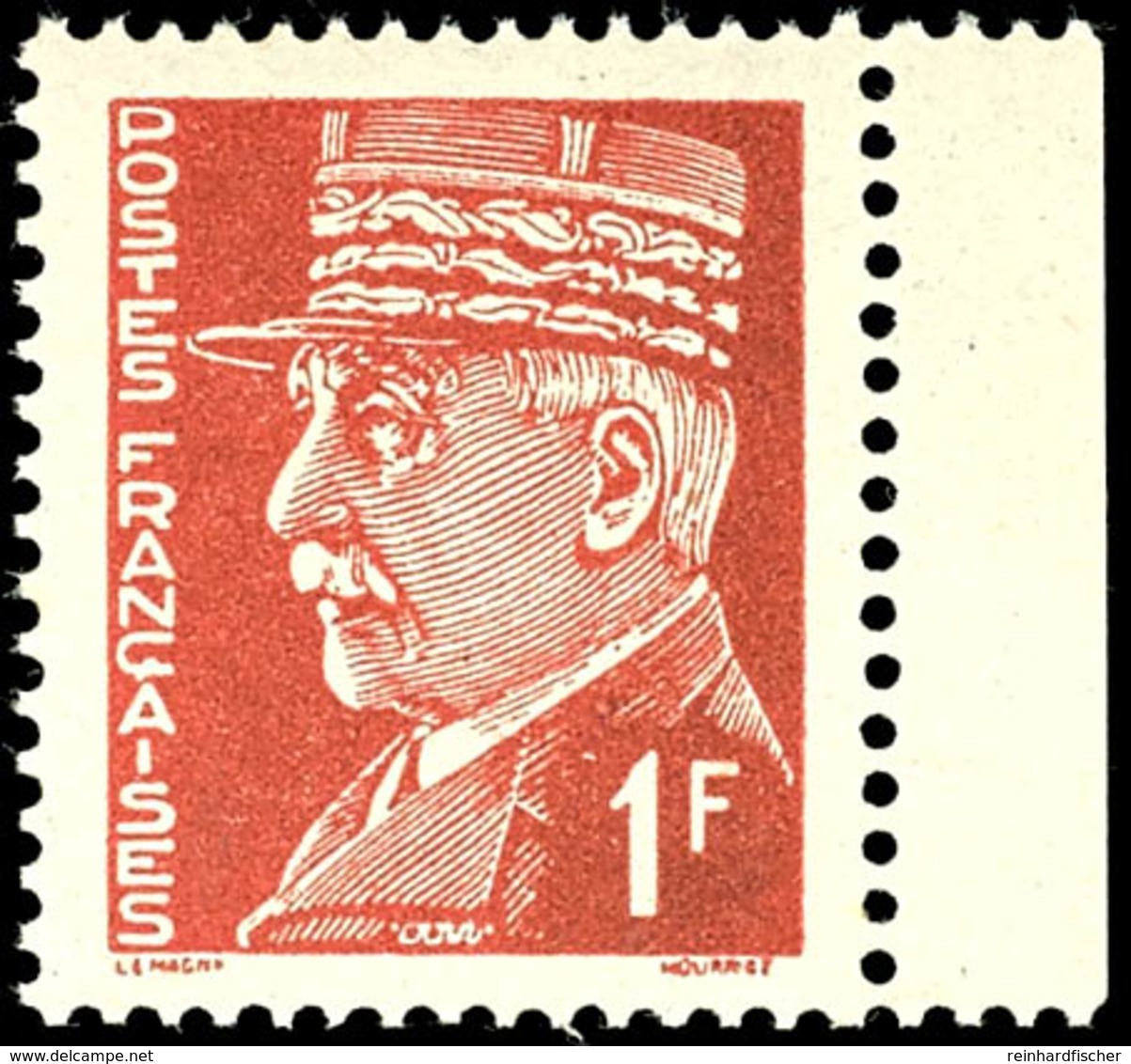 4877 1 Fr. Pétain Bräunlichrot, Propagandafälschung Mit Rechtem Bogenrand, Tadellos Postfrisch, Unsigniert, Fotobefund B - Sonstige & Ohne Zuordnung