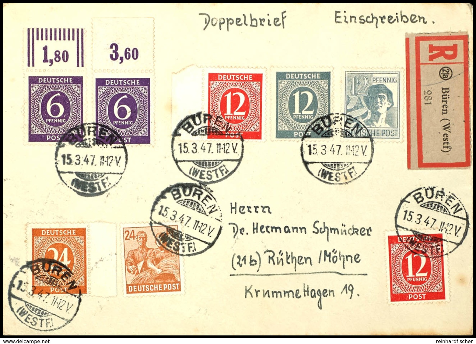 5029 6 Pfg. Ziffer Mit Dgz. Platten-Oberrand Und Portogerechter Zufrankatur Auf R-Brief Aus BÜREN 15.3.47 Nach Rüthen Mi - Other & Unclassified