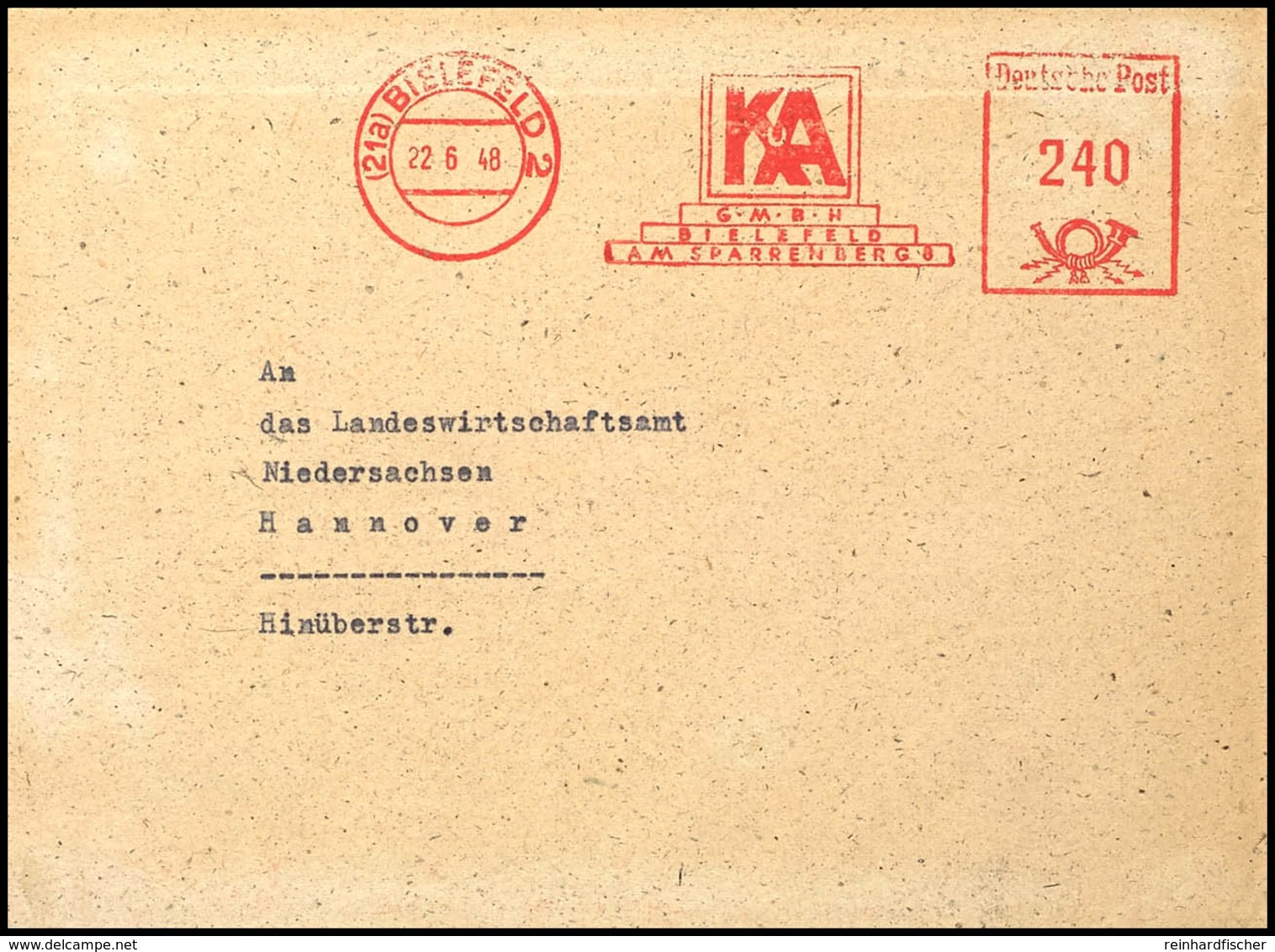 5063 Absenderfreistempel 240 Pfg Als Portogerechte Zehnfachfrankatur Auf Brief Von BIELEFELD 22.6.48 Nach Hannover, Hori - Andere & Zonder Classificatie