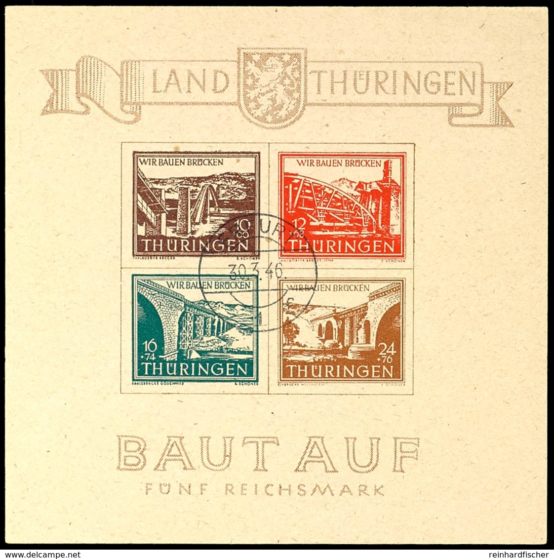 5192 Brückenbaublock Mit Zentr. Stempel ERFURT 30.3.46 1f (= Ersttag!), Tadellos, Fotoattest Herpichböhm BPP, Mi. 1.700, - Sonstige & Ohne Zuordnung