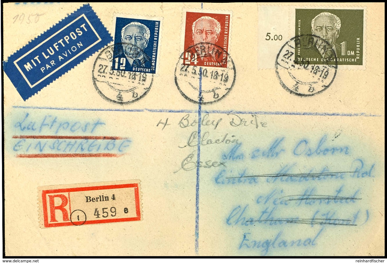 5270 12 Und 24 Pfg Sowie 1 DM Pieck Auf Einschreiben-Luftpost-FDC Von BERLIN 27.5.50 Nach England, Adresse Durch Feuchti - Other & Unclassified