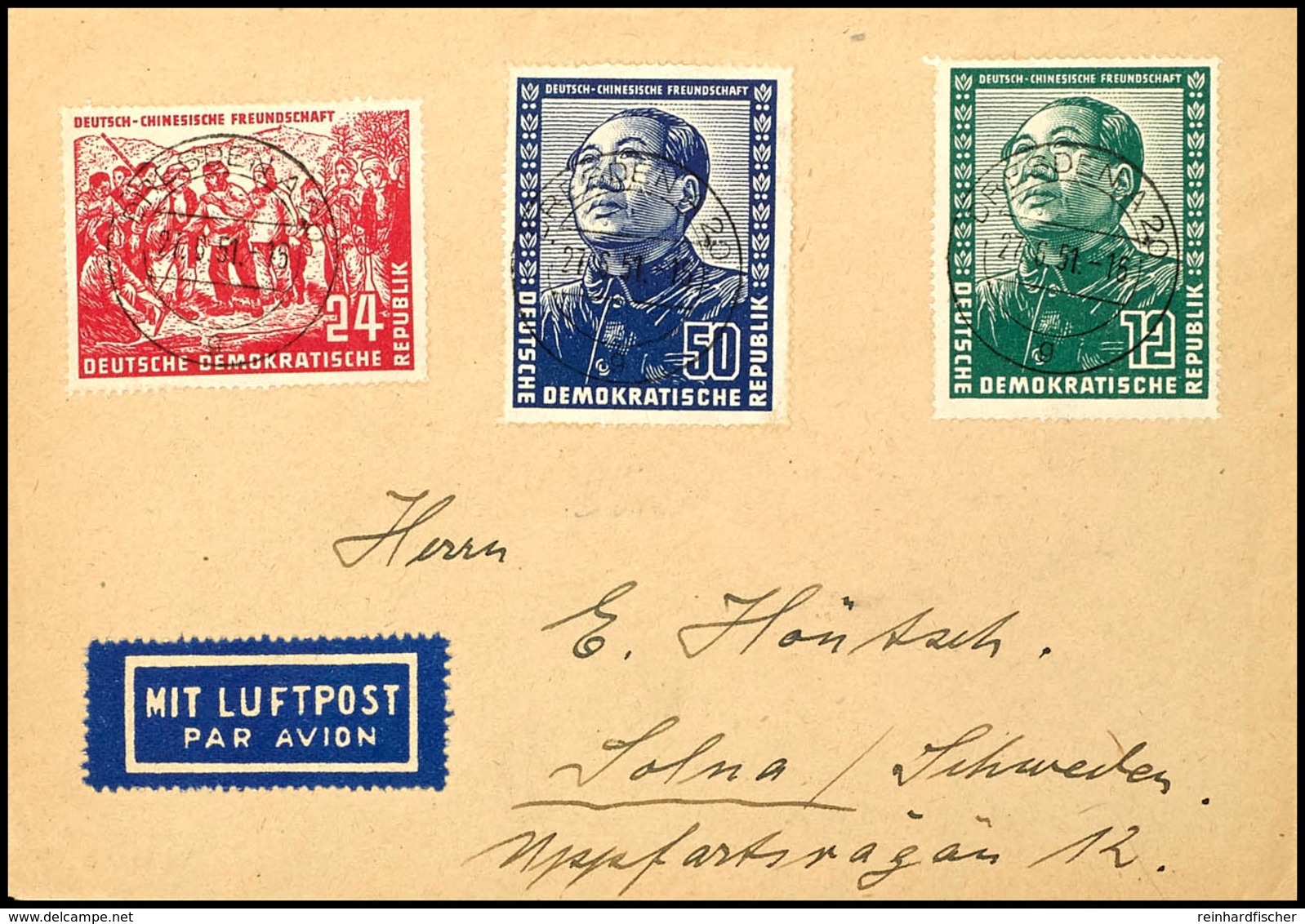 5282 Deutsch-chinesische Freundschaft Komplett Aus Luftpost-FDC Von DRESDEN 27.6.51 Nach Schweden, Tadellos, Mi. 500,-,  - Andere & Zonder Classificatie