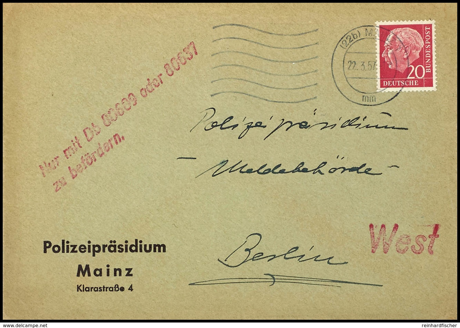 5351 INCOMING MAIL: Bundesrepublik 20 Pfg Heuss Auf Brief Von "MAINZ 1 22.3.57" Vom Dortigen Polizeipräsidium An Das Sel - Andere & Zonder Classificatie