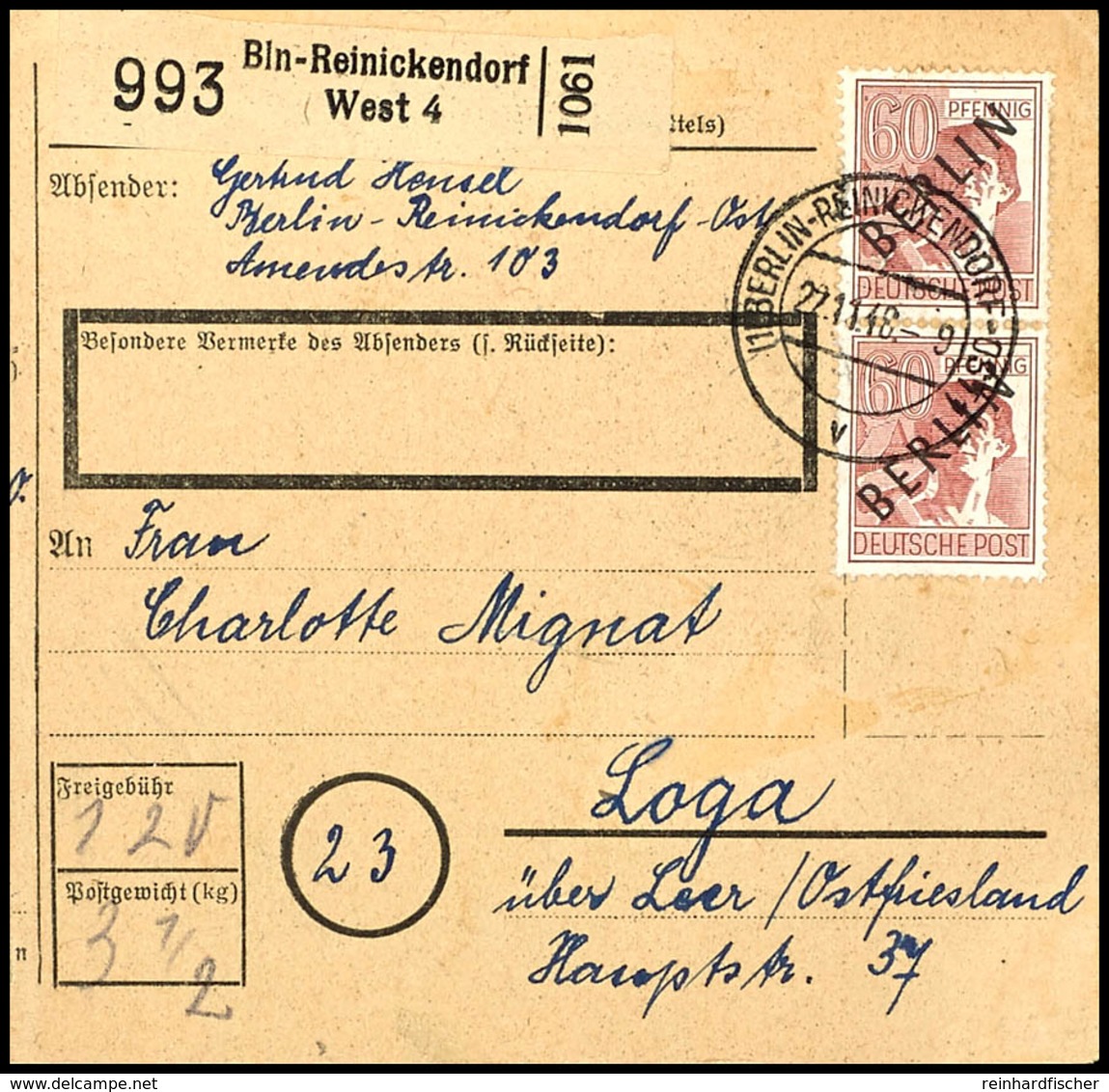 5357 60 Pfg Schwarzaufdruck, Senkrechtes Paar Als Portogerechte MeF Auf Paketkarte Von "BERLIN-REINICKENDORF 22.11.48" N - Other & Unclassified