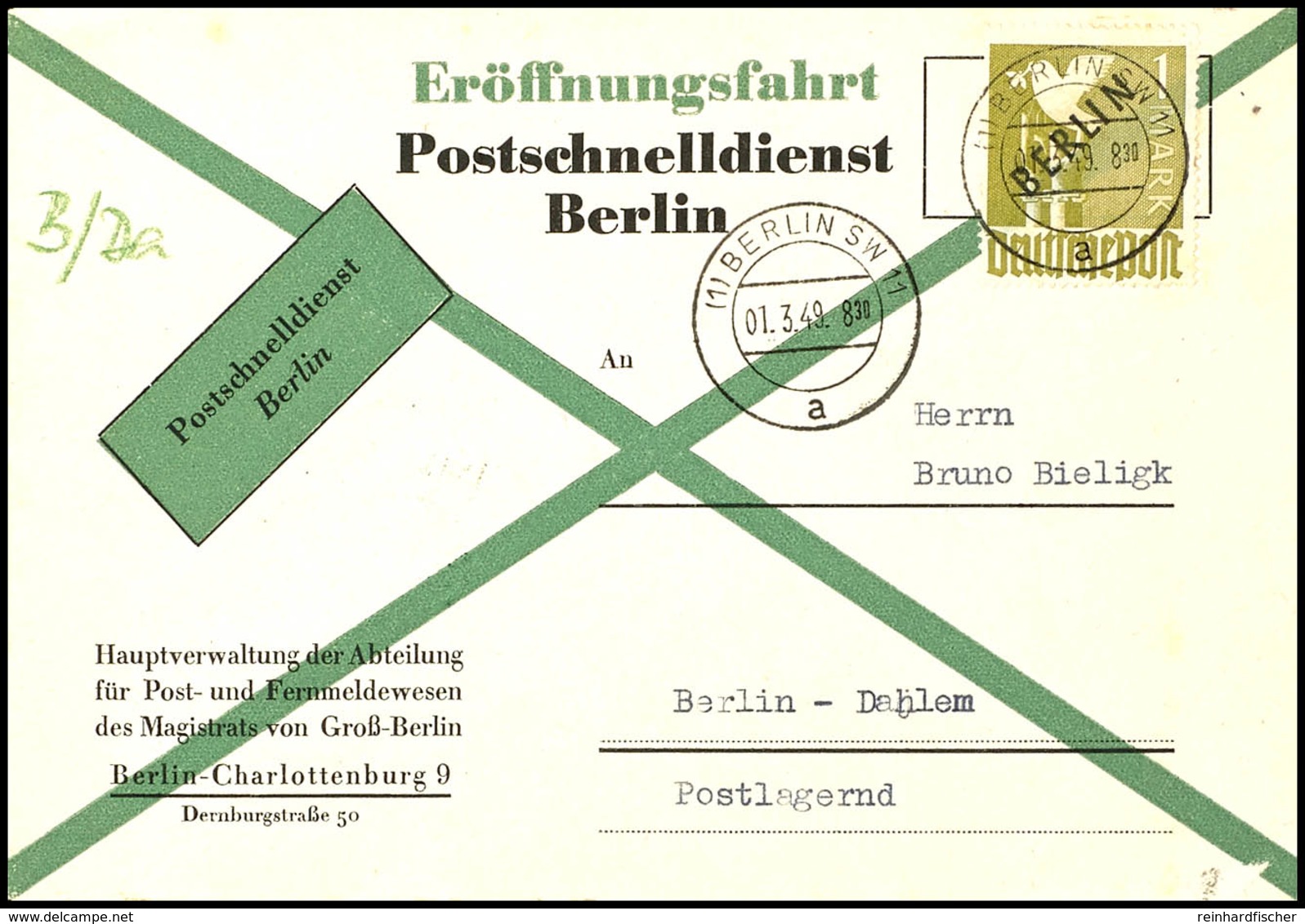 5360 1 M. Schwarzaufdruck Auf Postschnelldienst-FDC Von BERLIN-SW 2 1.3.49 Gelaufen Mit Grünem Leitvermerk "B/Da." Und A - Other & Unclassified