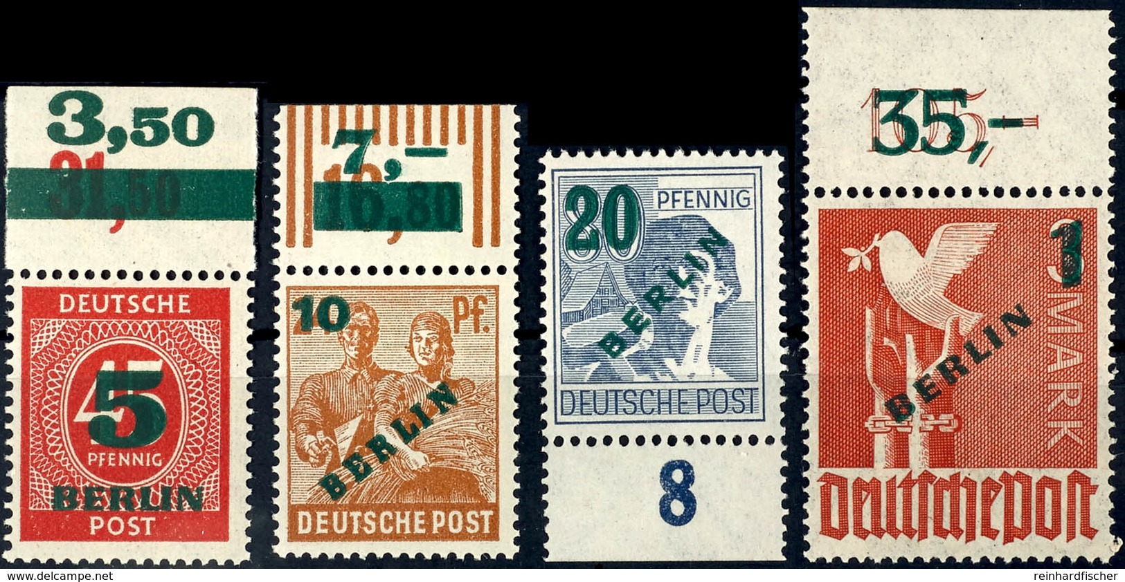 5385 5 Pfg Bis 1 Mark Grünaufdruck, 1 Mark Als Plattenoberrandstück Dgz, Tadellos Postfrischer Satz, Unsigniert, Fotobef - Other & Unclassified