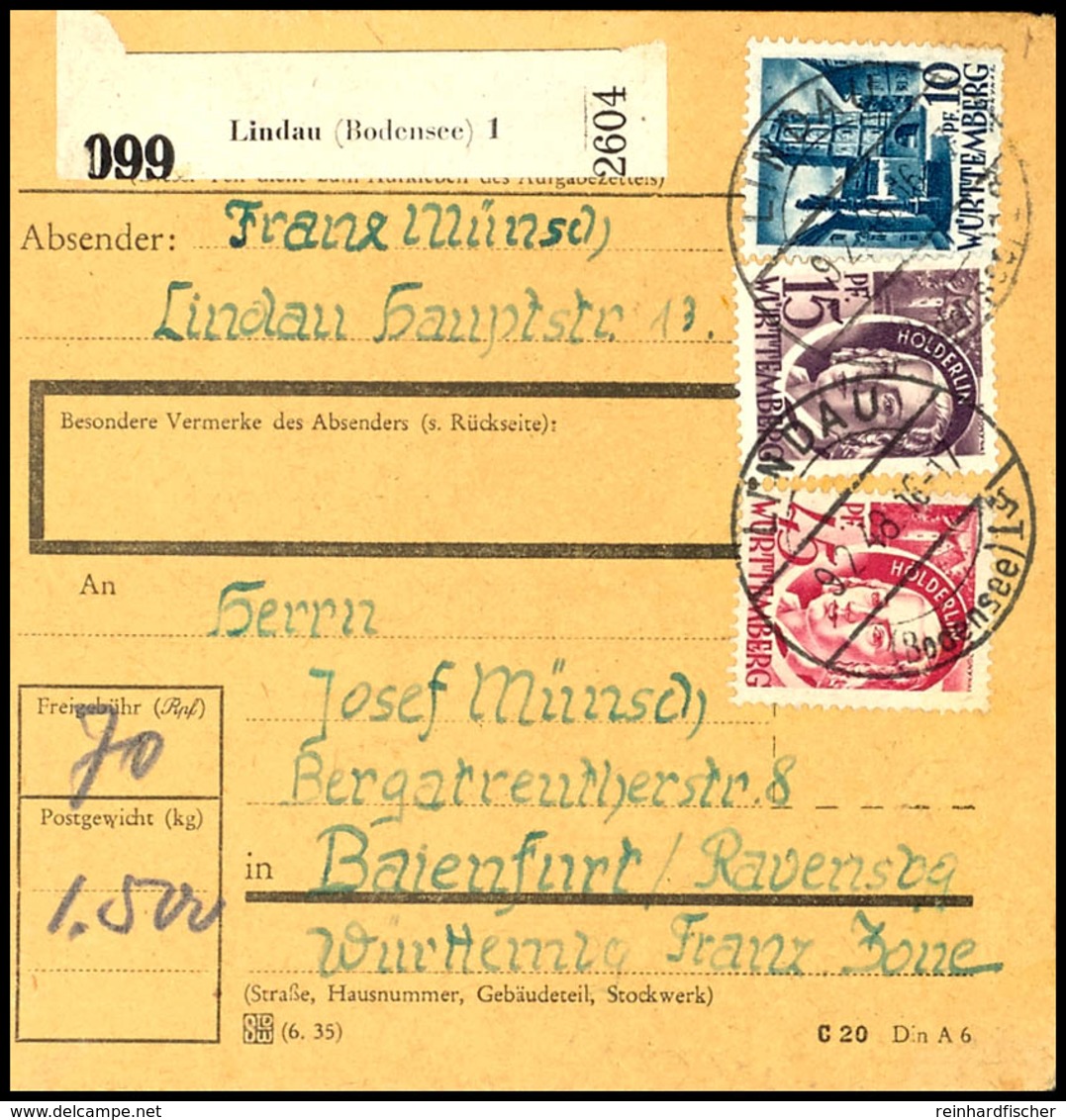 5465 10 Pfg, 15 Pfg Und 45 Pfg Freimarken Als Attraktive Dreifarben-Frankatur Auf Paketkarte Von Lindau 9.2.48 Nach Baie - Andere & Zonder Classificatie