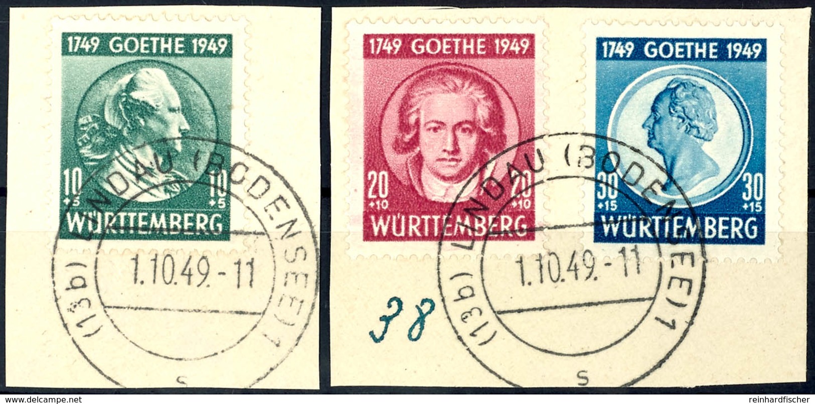 5473 10 - 30 Pfg Goethe Auf 2 Briefstücken, Tadellos Gestempelt "LINDAU 1.10.49", Tiefst Gepr. Schlegel BPP, Mi. 130.-,  - Andere & Zonder Classificatie