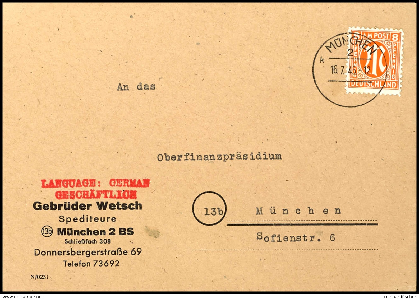 5478 8 Pfg. Amerik. Druck Mit Stempel MÜNCHEN 2 16.7.45 Auf Firmen-Ortsbrief Vom Ersttag Der AM-Postmarken-Verwendung In - Sonstige & Ohne Zuordnung