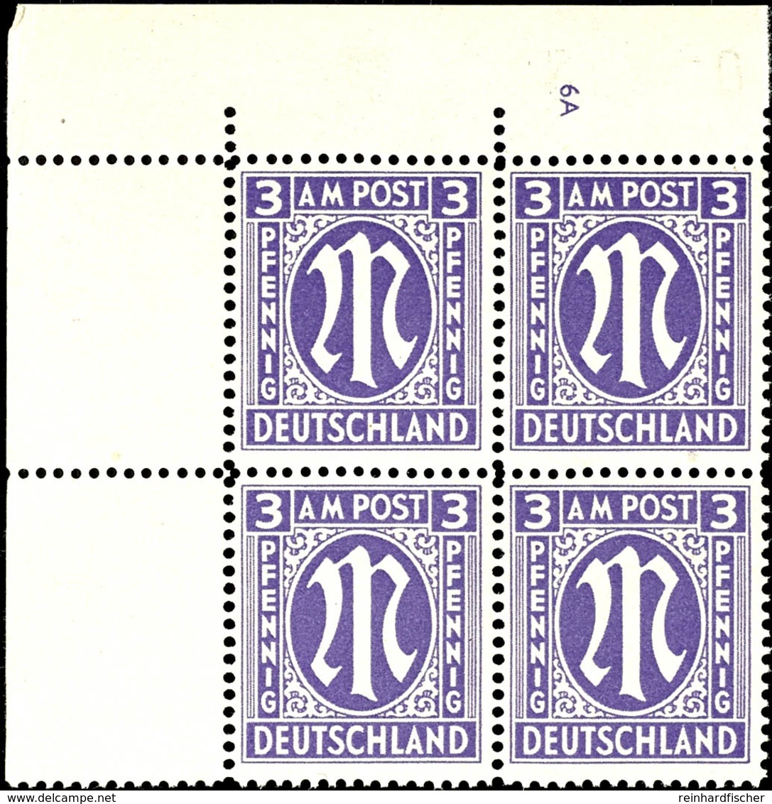 5483 3 Pfg AM-Post, Englischer Druck, Auf Papier Y, Eckrand-4er-Block Mit Platten-Nr. "6A", Tadellos Postfrisch, Unsigni - Sonstige & Ohne Zuordnung