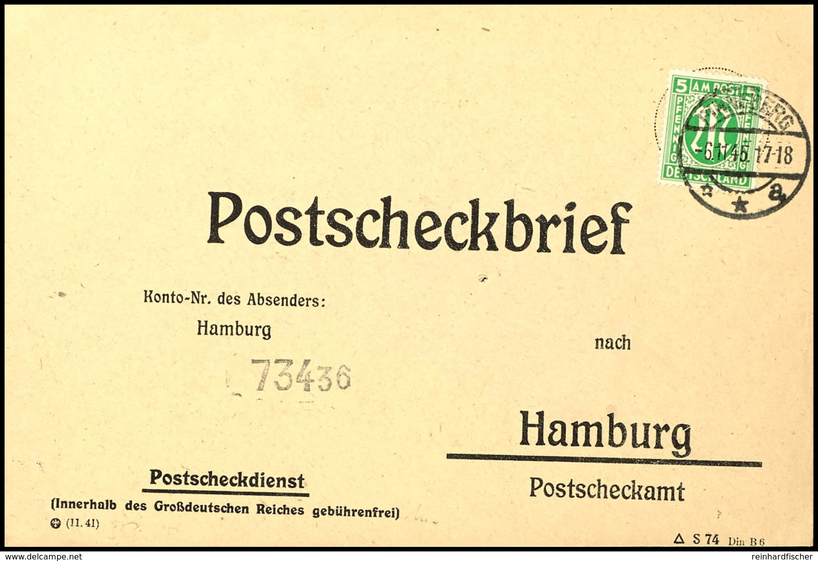 5485 5 Pfg. Engl. Druck Als Portogerechte Einzelfrankatur Auf Postscheckbrief Aus PINNEBERG 6.11.45 Nach Hamburg, Pracht - Other & Unclassified