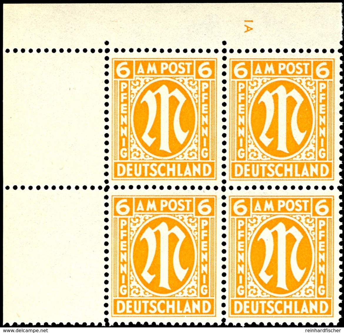 5490 6 Pfg AM-Post, Englischer Druck, Eckrand-4er-Block Mit Platten-Nr. "1A", Tadellos Postfrisch, Unsigniert, Mi. 314,- - Other & Unclassified