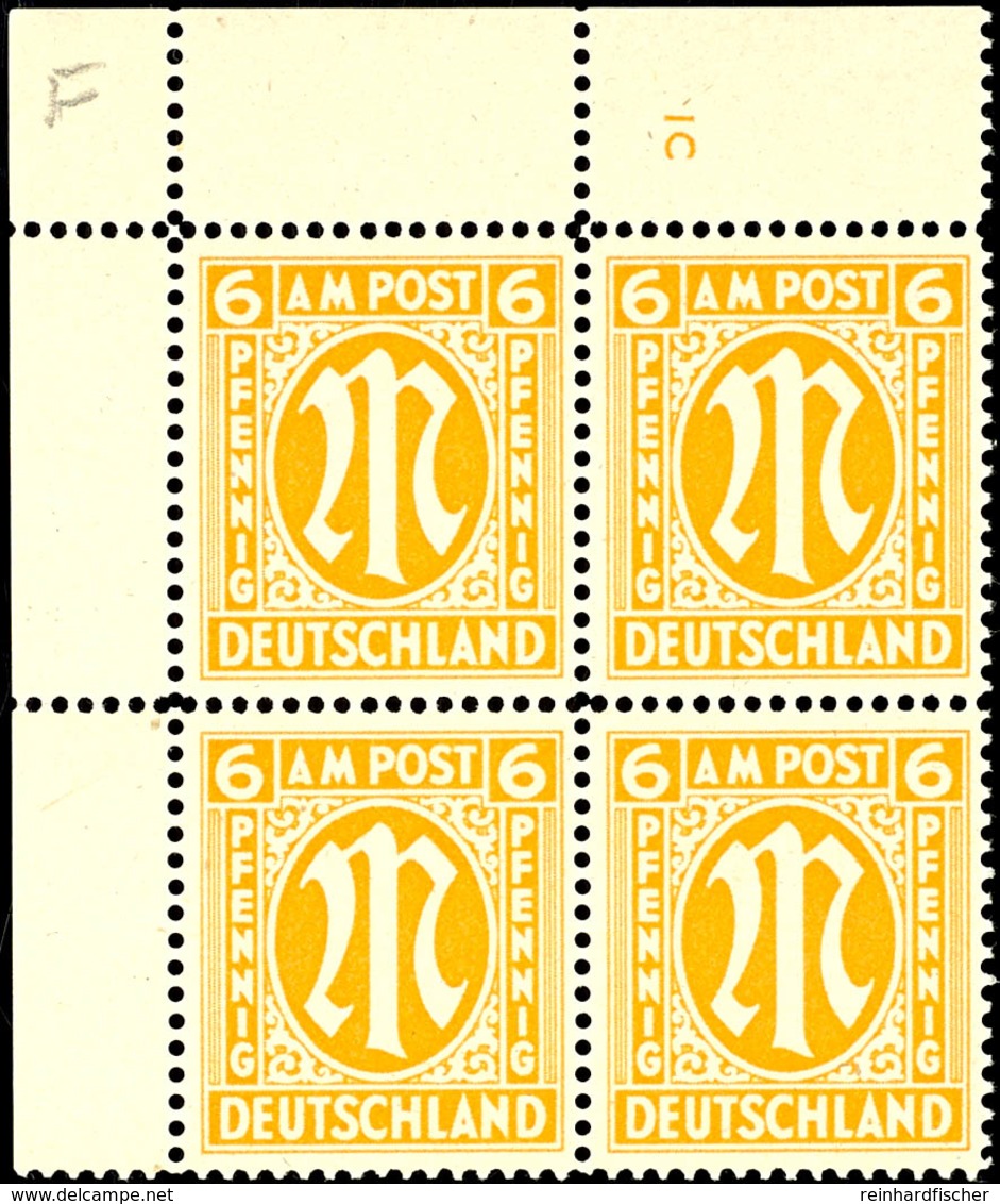 5491 6 Pfg AM-Post, Englischer Druck, Eckrand-4er-Block Mit Platten-Nr. "1C", Tadellos Postfrisch, Unsigniert, Mi. 366,- - Andere & Zonder Classificatie