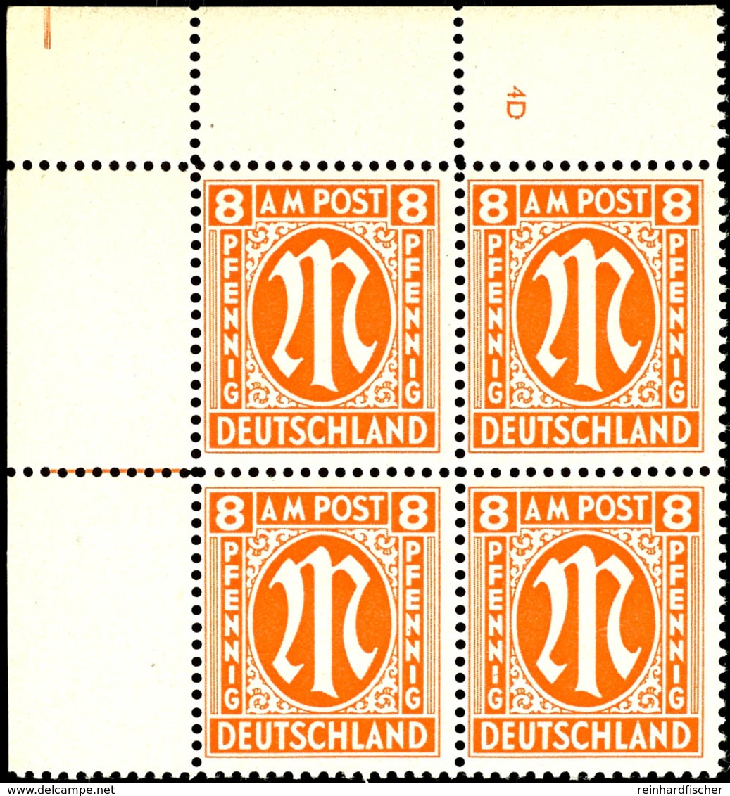 5492 8 Pfg AM-Post, Englischer Druck, Eckrand-4er-Block Mit Platten-Nr. "4D", Tadellos Postfrisch, Unsigniert, Mi. 316,- - Andere & Zonder Classificatie