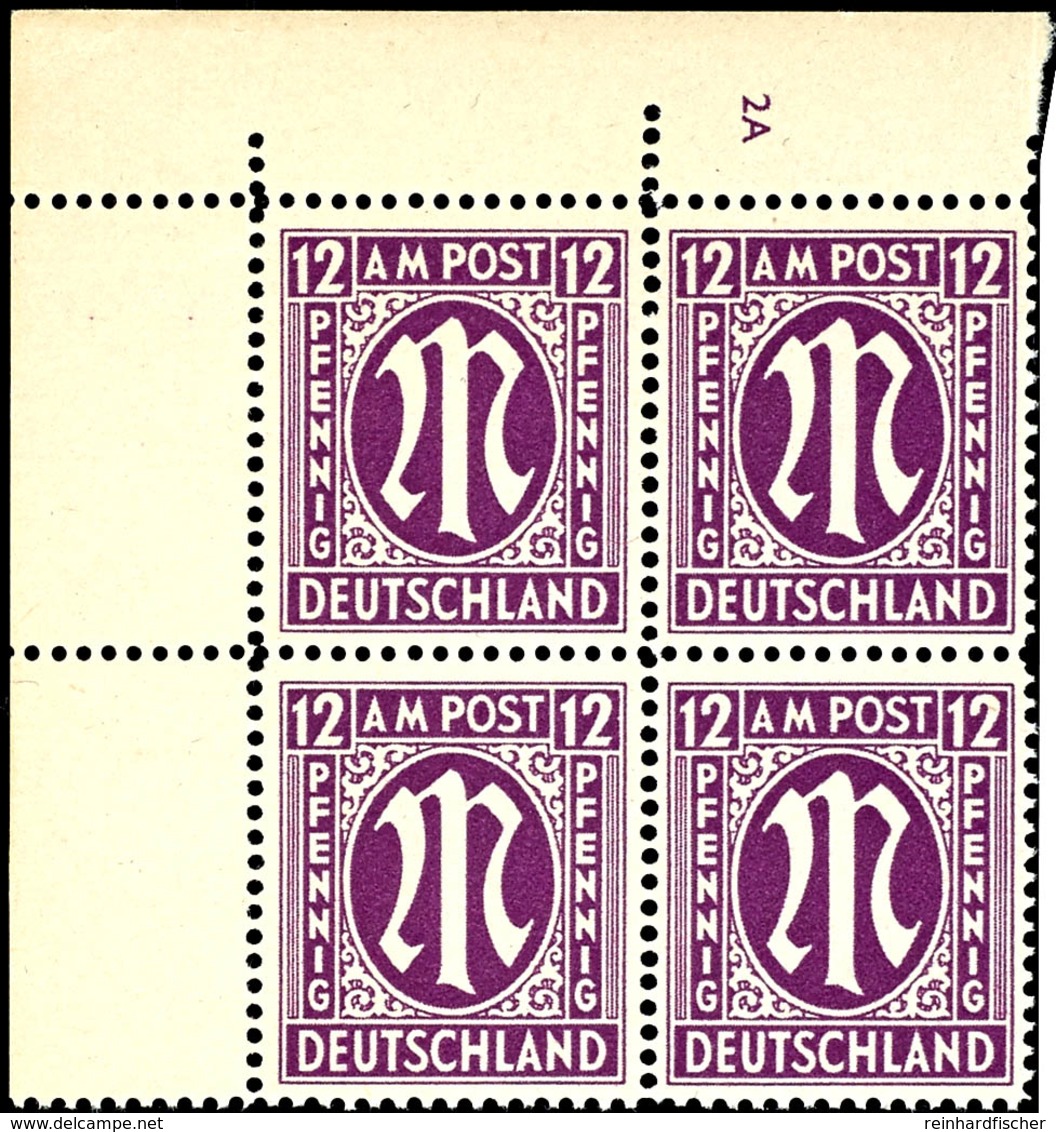 5493 12 Pfg AM-Post, Englischer Druck, Eckrand-4er-Block Mit Platten-Nr. "2A", Tadellos Postfrisch, Unsigniert, Mi. 424, - Andere & Zonder Classificatie