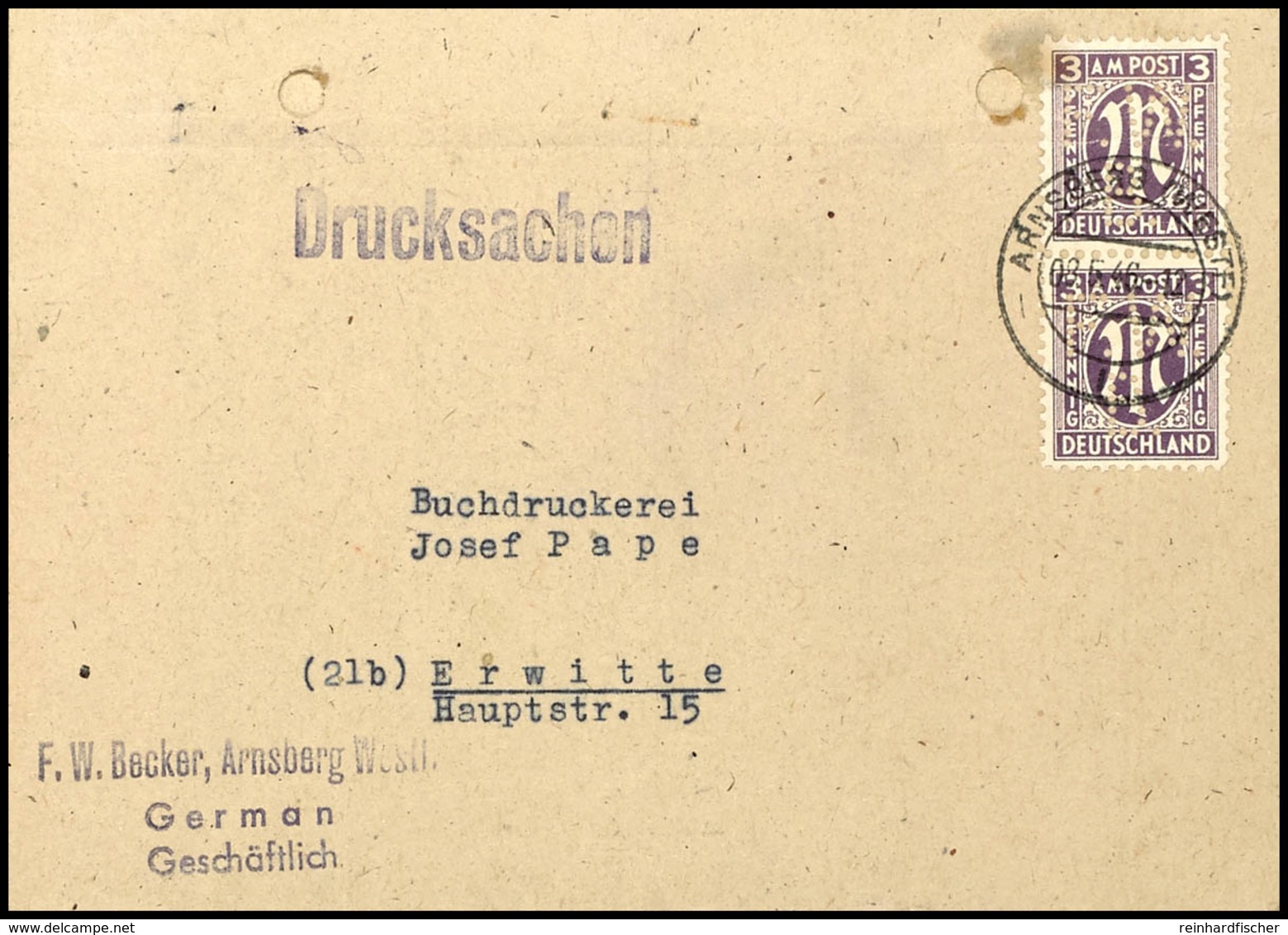 5496 3 Pfg. Dt. Druck Im Senkrechten Paar, Je Mit Firmenlochung "F.W.B" (= Buchbinderei Und Verlag F.W.Becker) Auf Druck - Sonstige & Ohne Zuordnung