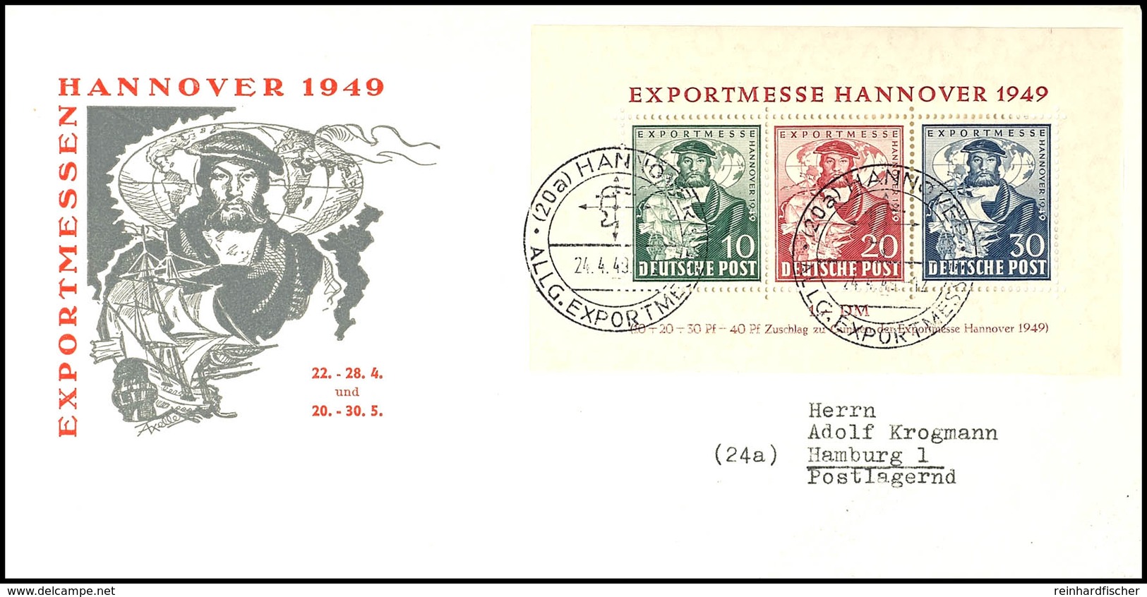 5615 Blockausgabe Exportmesse Mit Sonderstempel "HANNOVER EXPORTMESSE 24.4.49" Auf Schmuck-Brief Nach Hamburg, Tadellos, - Other & Unclassified