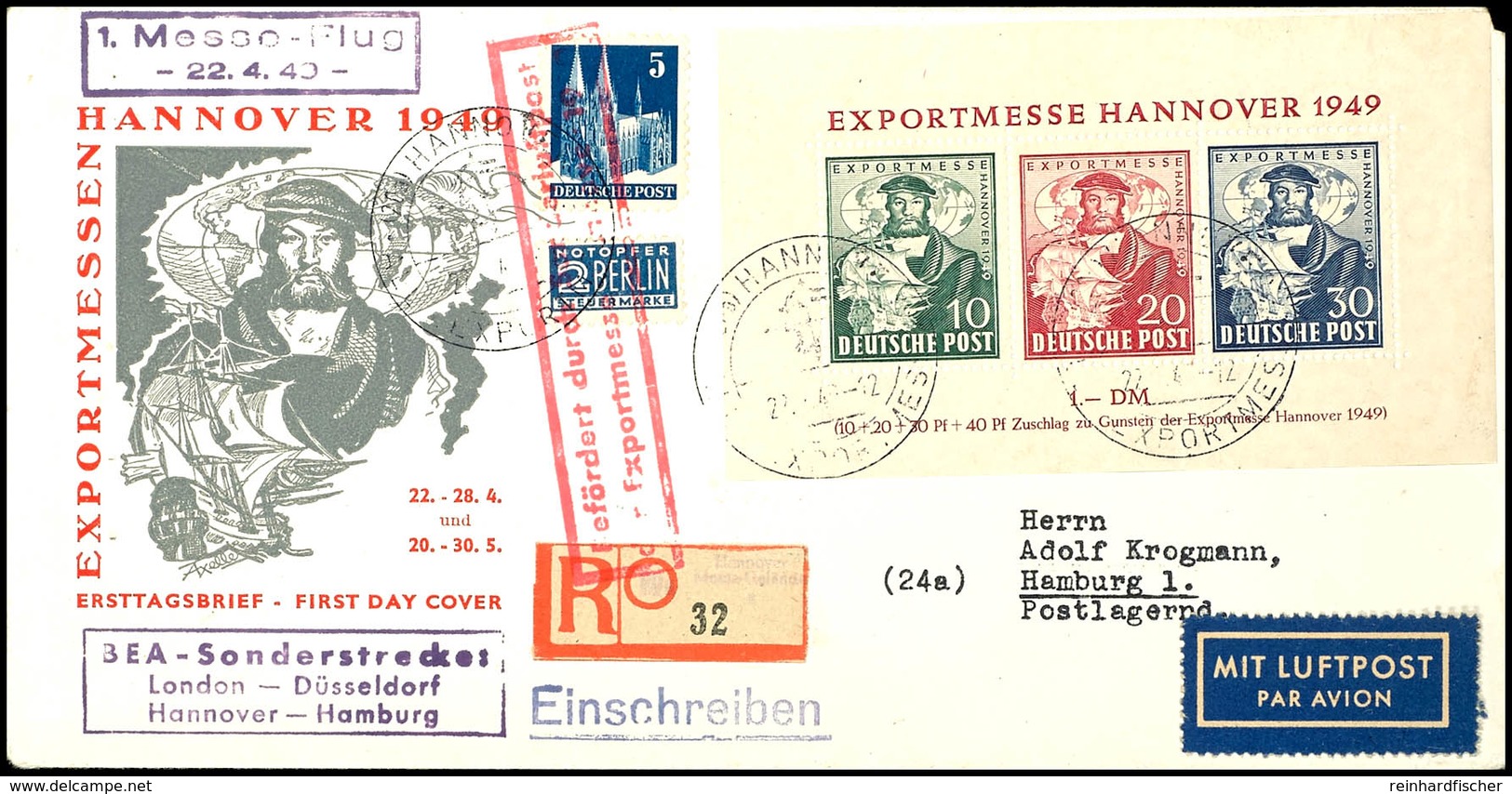 5621 Hannover-Messeblock Und 5 Pfg. Bauten Als Portogerechte Frankatur Auf R-Luftpost-FDC Mit ESST HANNOVER 22.4.49 Nach - Andere & Zonder Classificatie