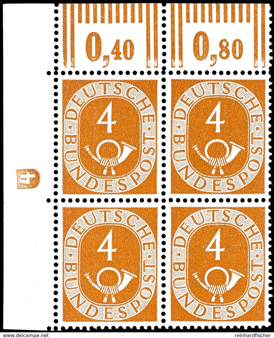 5644 4 Pfg Posthorn, 4er-Block Mit Linker Oberer Bogenecke Und Plattendruck-Oberrändern Sowie Druckerzeichen "4" (Type 2 - Sonstige & Ohne Zuordnung