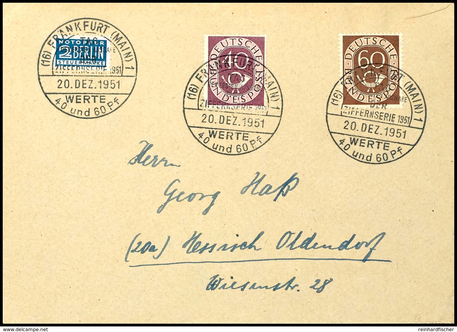 5654 "Posthorn" 40 Und 60 Pf. Auf Tadellosem FDC Mit Frankfurter ESSt., Mi. 850,--, Katalog: 133, 135 FDC - Andere & Zonder Classificatie