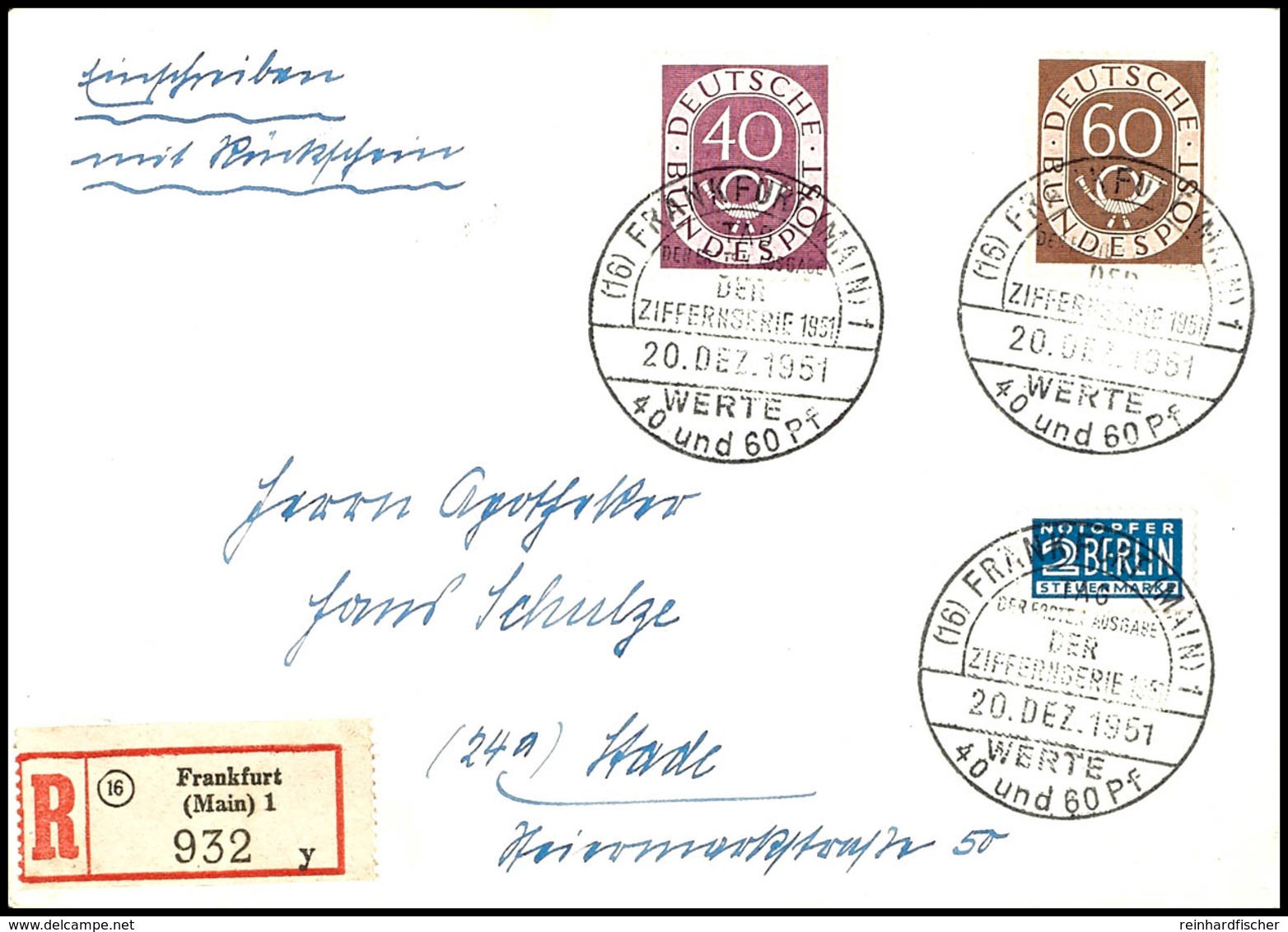 5655 40 Und 60 Pfg Posthorn Auf R-FDC Mit ESST "FRANKFURT 20. DEZ. 1951" Nach Stade Mit Ankunftsstempel, Tadellos, Umsch - Andere & Zonder Classificatie