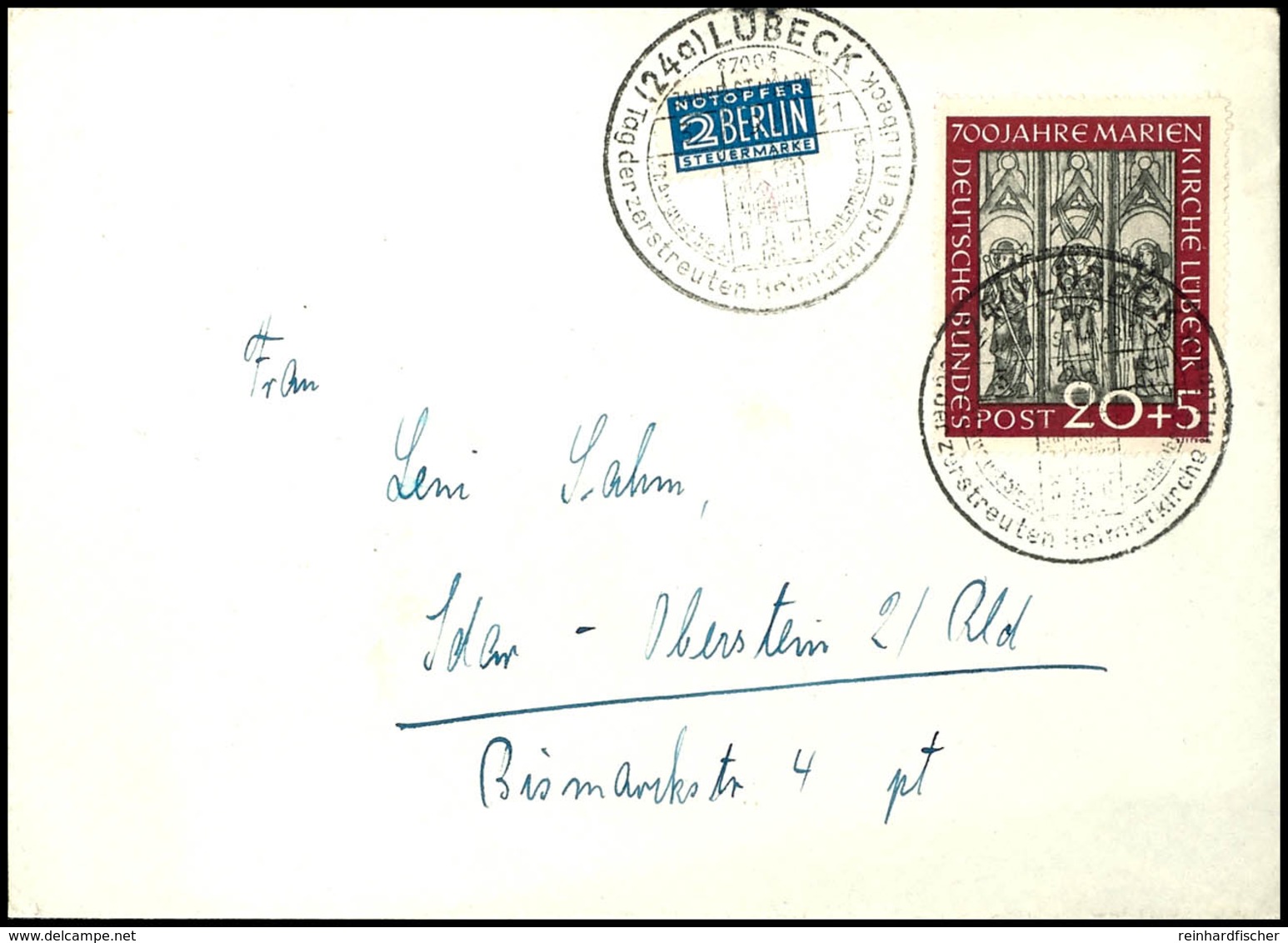 5673 20 Pfg Marienkirche Als Portogerechte Einzelfrankatur Mit Sonderstempel "LÜBECK 3.9.51" Nach Idar-Oberstein, Tadell - Andere & Zonder Classificatie