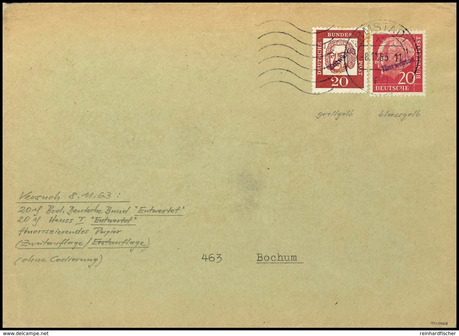 5707 20 Pf. Heuss Und Bach, Je Mit Handstempel "Entwertet" Auf Darmstädter Versuchsbrief 8.11.63, Katalog: 185y,352 BF - Sonstige & Ohne Zuordnung