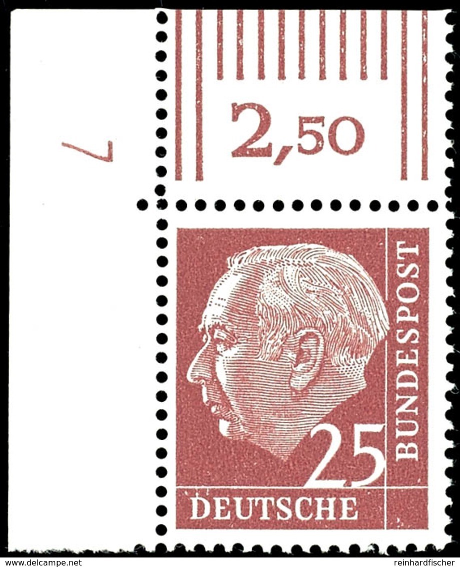 5710 25 Pfg Heuss Mit Linker Oberer Bogenecke Und RZ Sowie Druckerzeichen "7" (Type 1a), Tadellos Postfrisch, Unsigniert - Andere & Zonder Classificatie