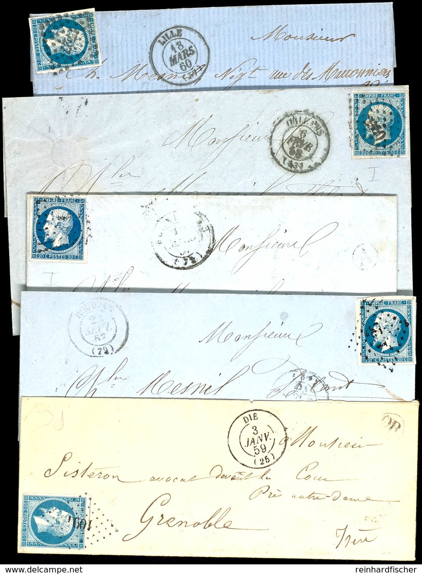 5768 20 C. Blau, Napoleon III., 6 Briefe Verschiedener Orte, Durchwegs Voll- Bis Breitrandig, Teils Versch. Farbnuancen, - Sonstige & Ohne Zuordnung